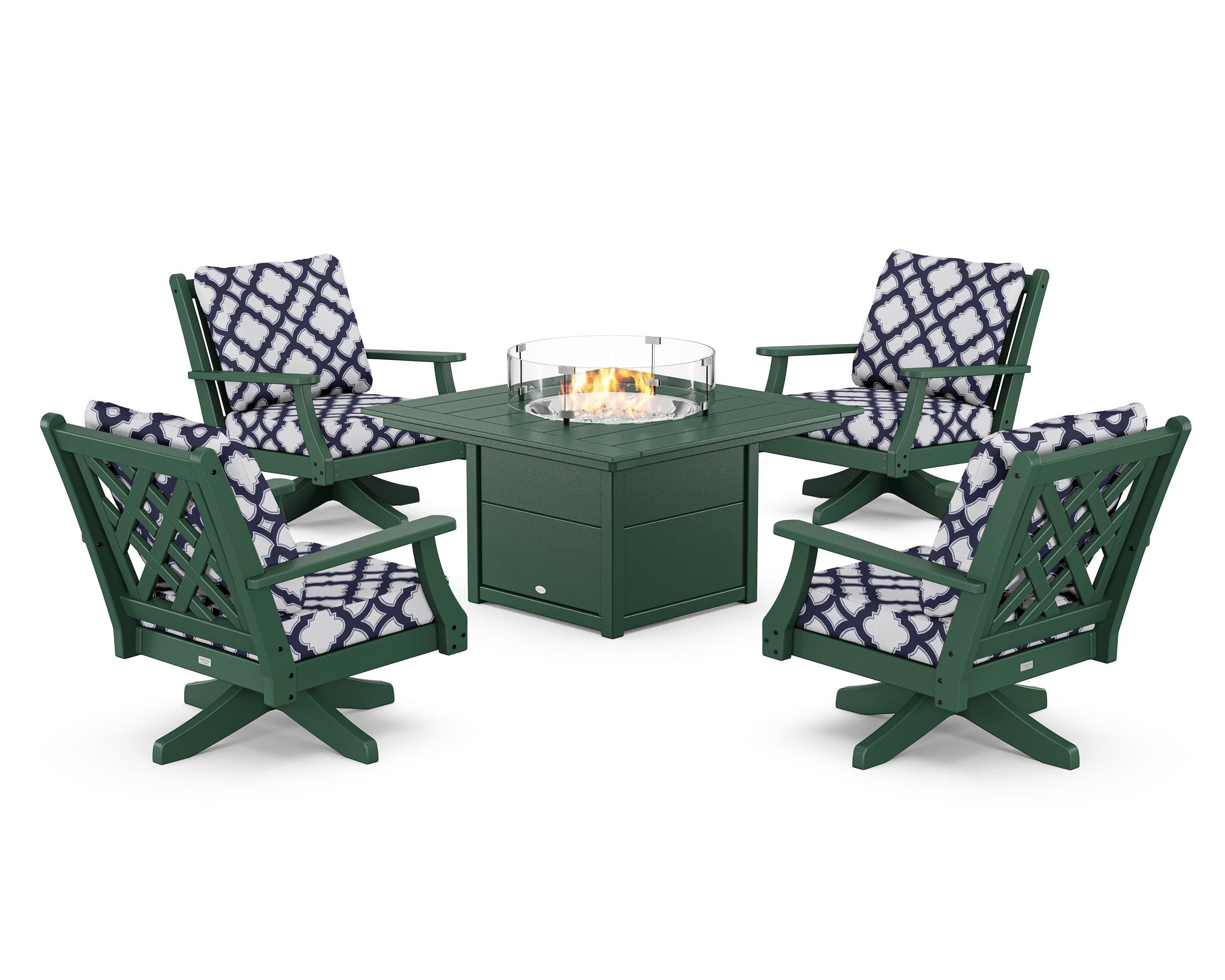 Country Living Wovendale 5-Piece Deep Seating Swivel Conversation Set with Fire Pit Table in Green / Trellis Navy