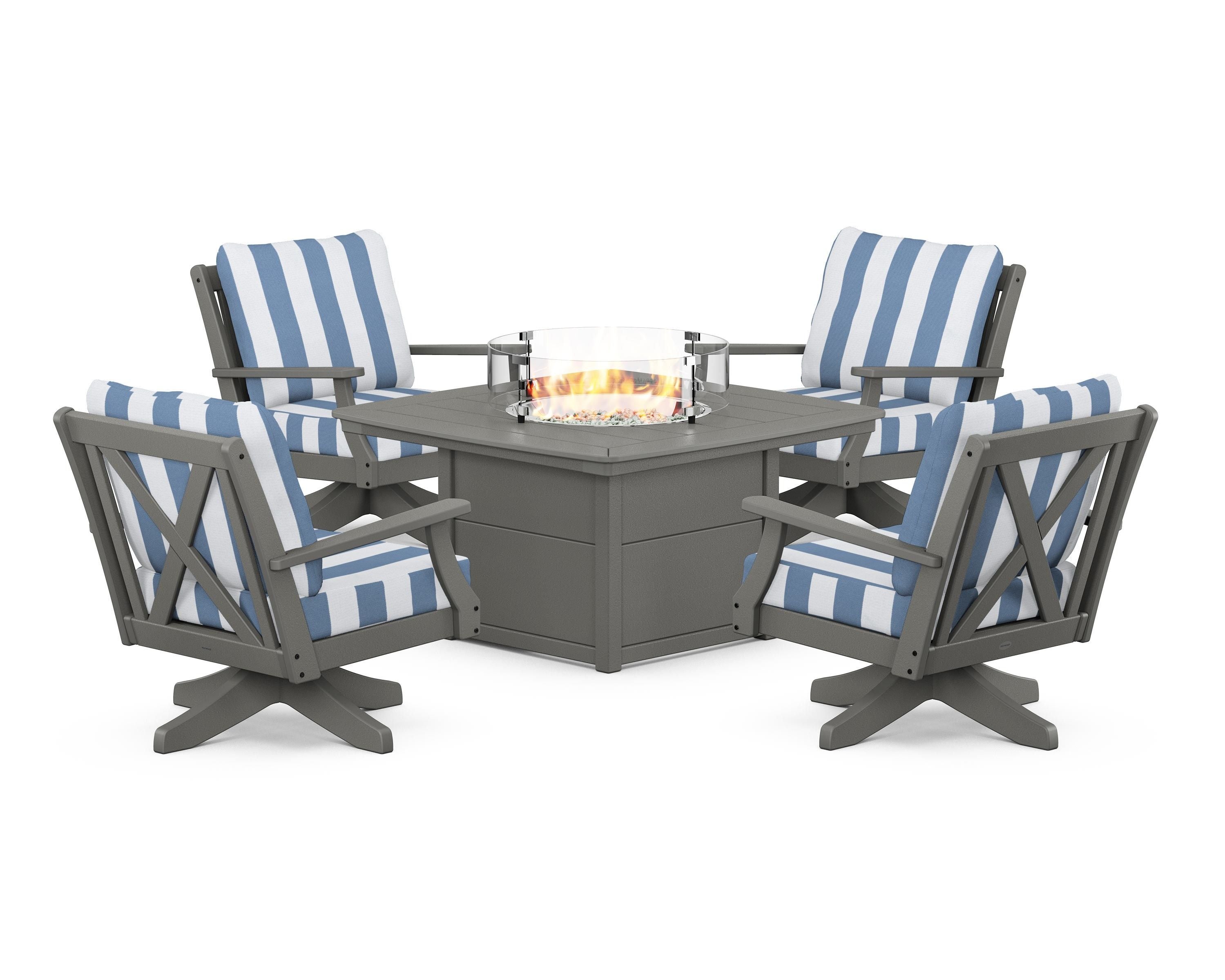 POLYWOOD® Braxton 5-Piece Deep Seating Swivel Conversation Set with Fire Pit Table in Slate Grey / Cabana Stripe Sky Blue