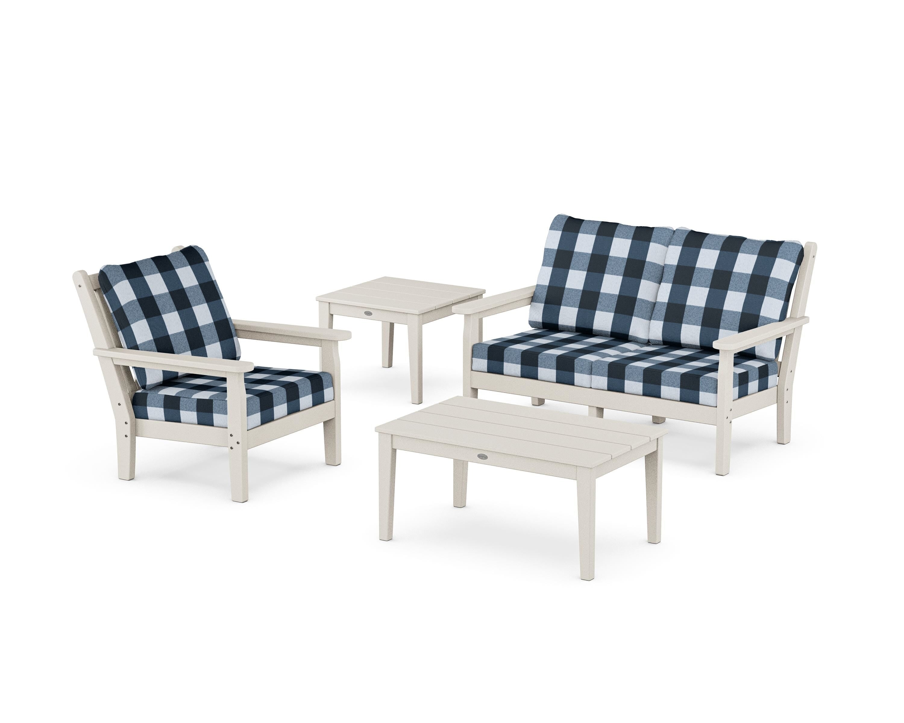 POLYWOOD® Chippendale 4-Piece Deep Seating Set in Sand / Buffalo Plaid Marine Indigo