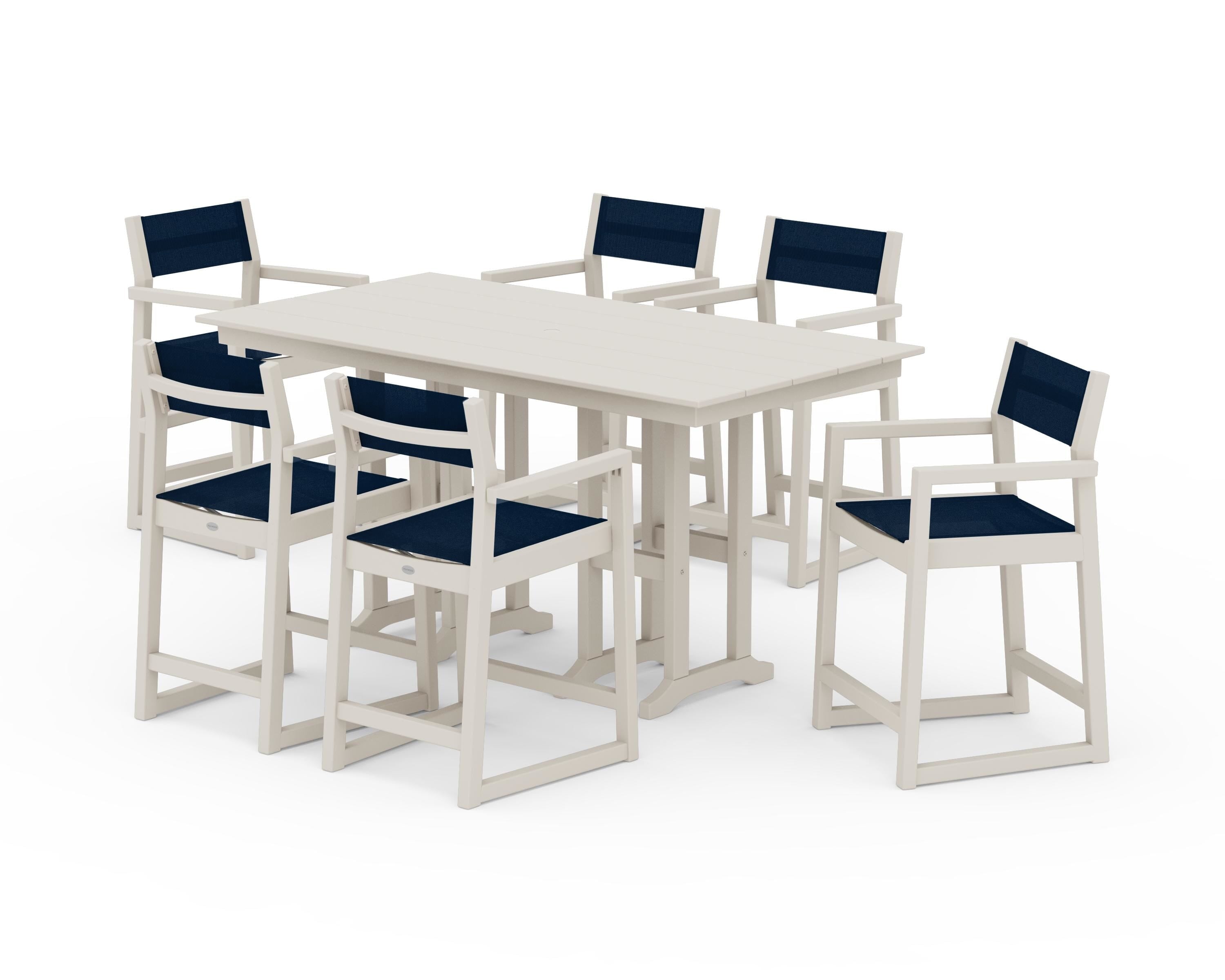 POLYWOOD® EDGE Sling Arm Chair 7-Piece Farmhouse Counter Set in Sand / Navy Blue Sling