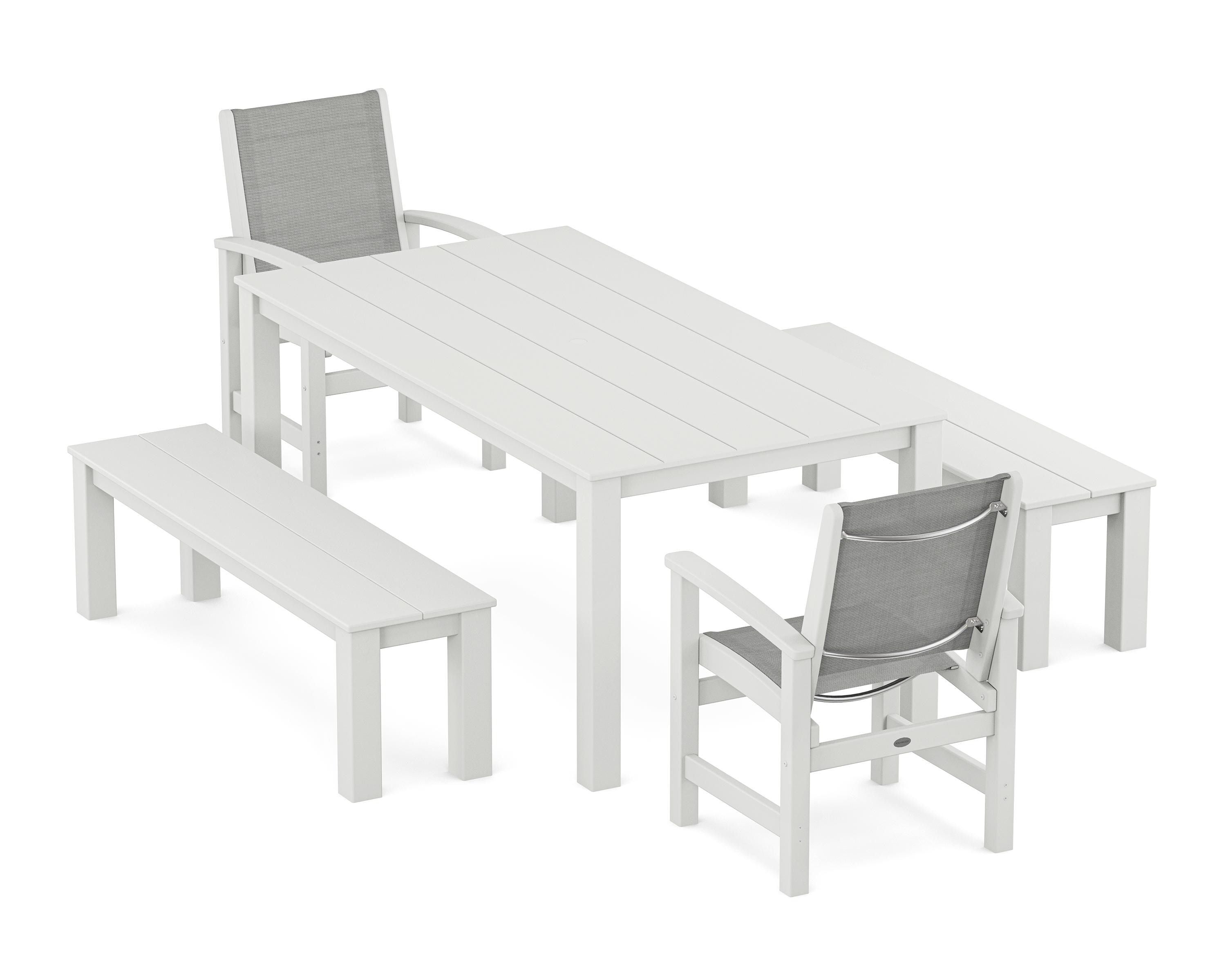 POLYWOOD® Coastal 5-Piece Parsons Dining Set with Benches in White / Metallic Sling