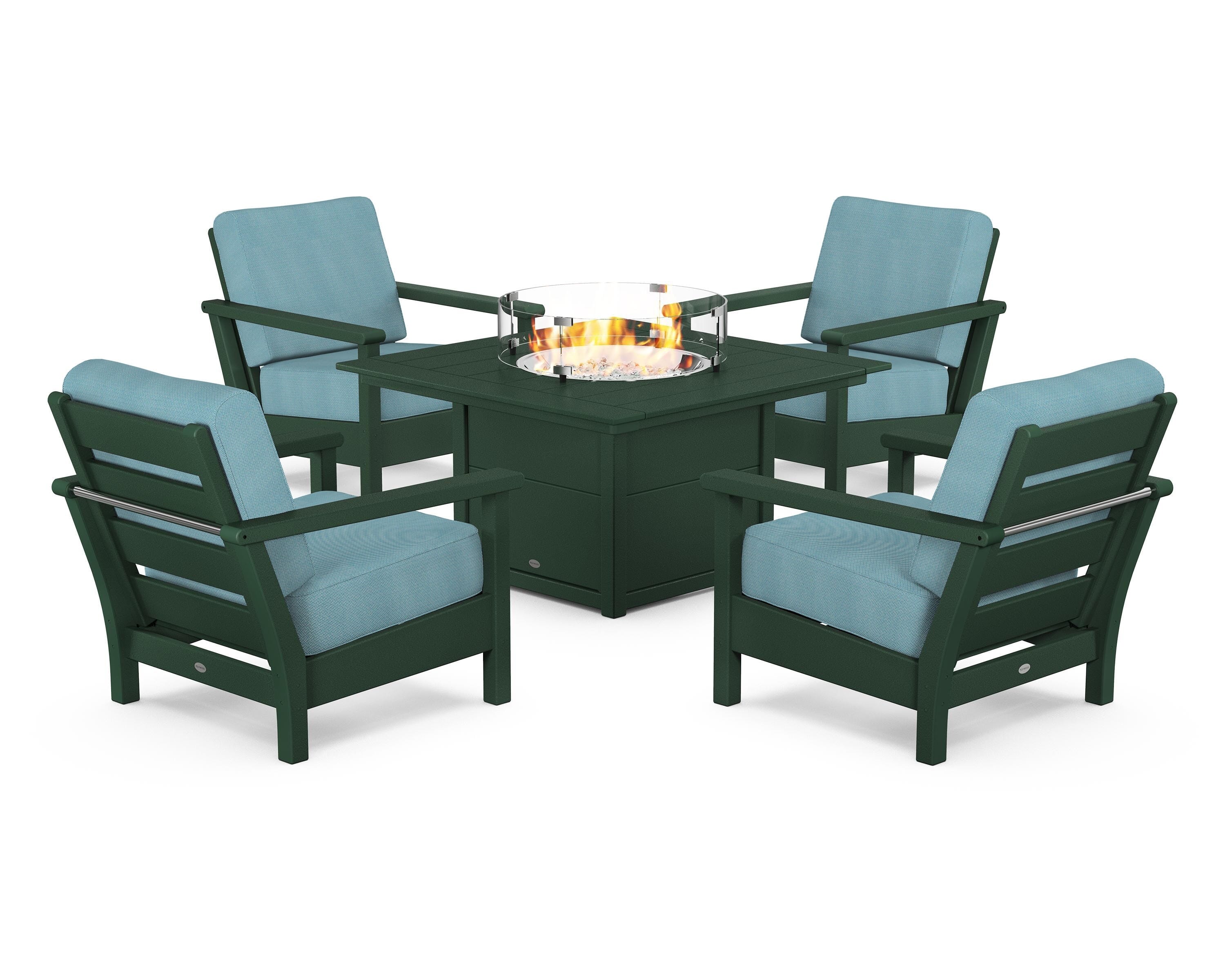 POLYWOOD® Harbour 5-Piece Conversation Set with Fire Pit Table in Green / Lattice Sky Blue