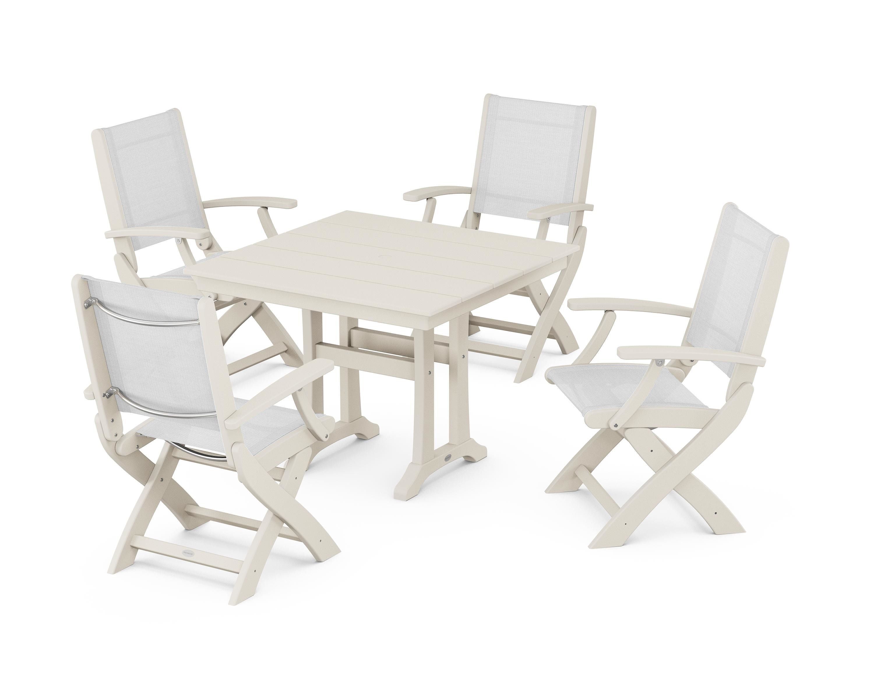 POLYWOOD® Coastal Folding Chair 5-Piece Farmhouse Dining Set With Trestle Legs in Sand / White Sling