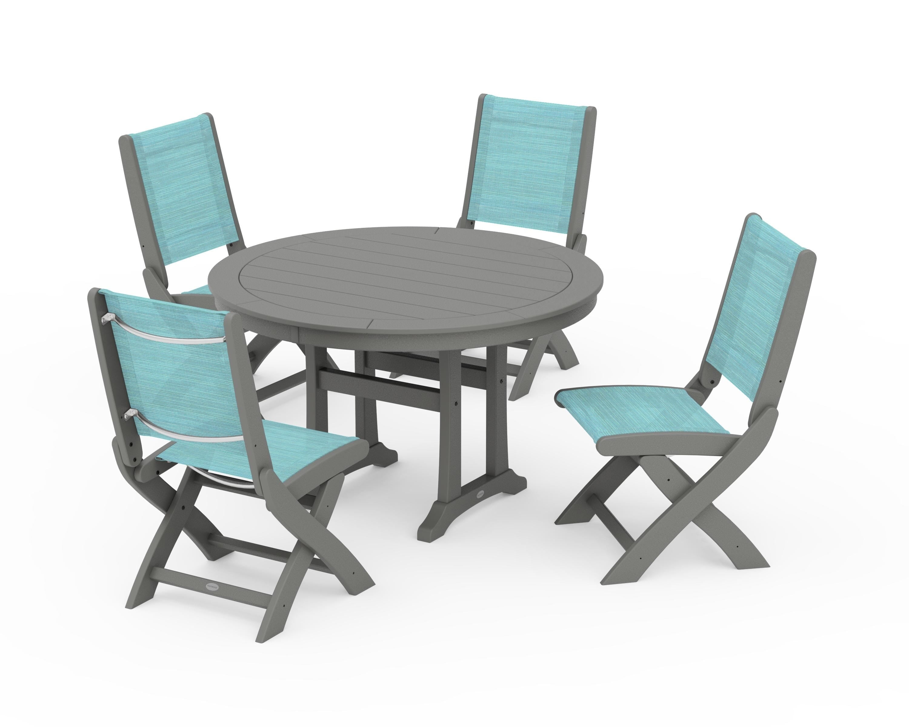 POLYWOOD® Coastal Folding Side Chair 5-Piece Round Dining Set With Trestle Legs in Slate Grey / Dupioni Aquamarine Sling