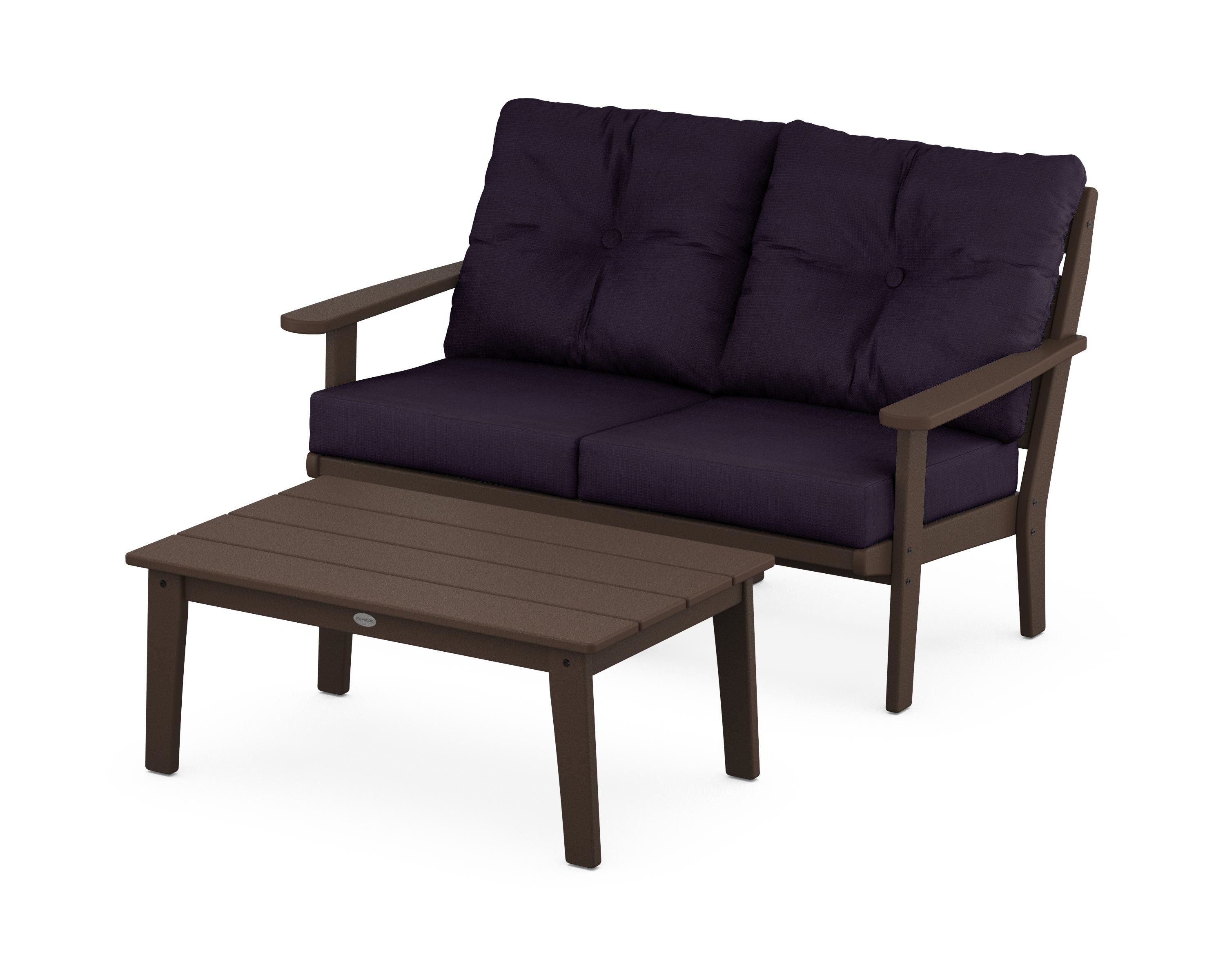 POLYWOOD® Lakeside 2-Piece Lounge Loveseat Set in Mahogany / Navy Linen