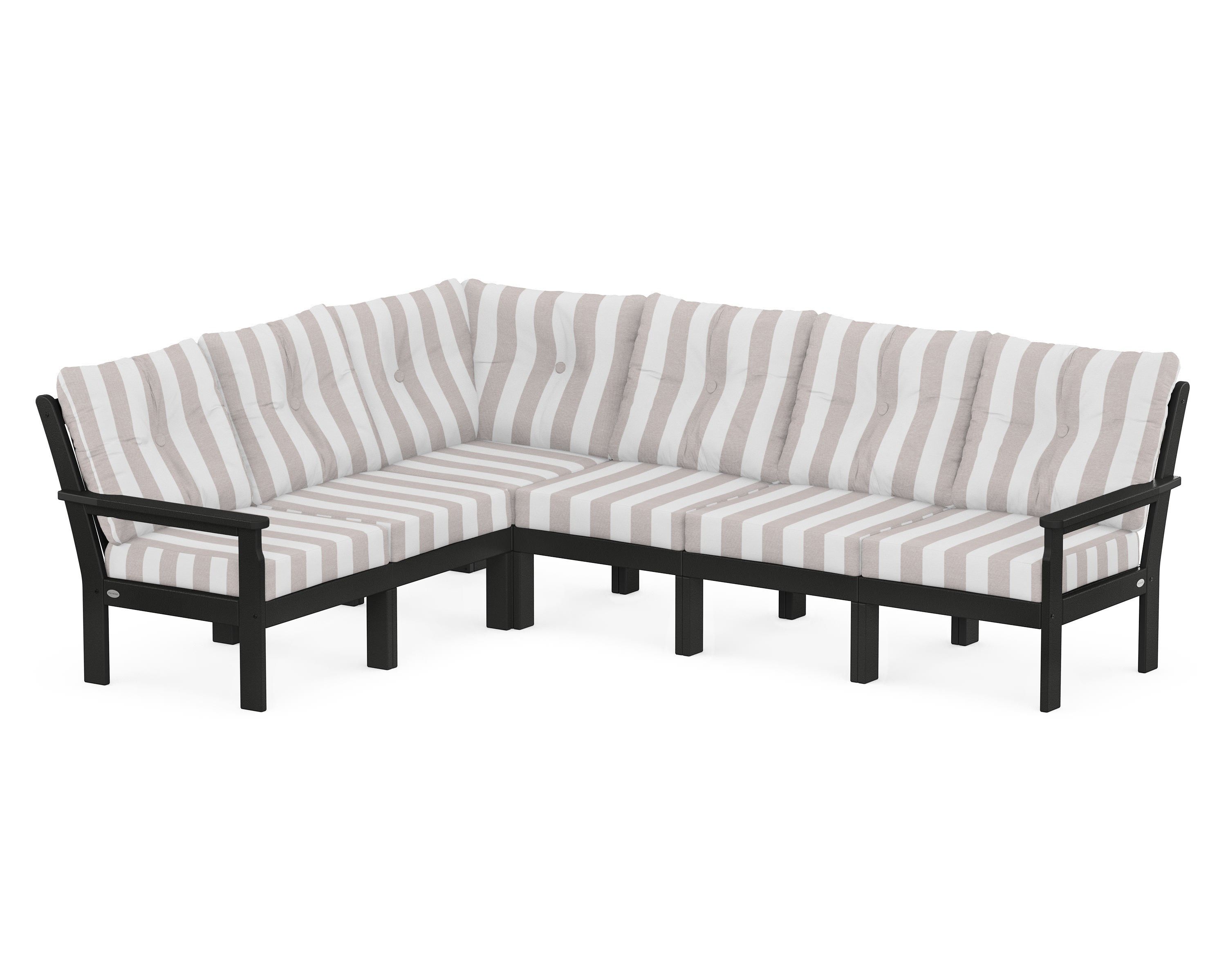 POLYWOOD® Vineyard 6-Piece Sectional in Black / Cabana Stripe Dune Burlap