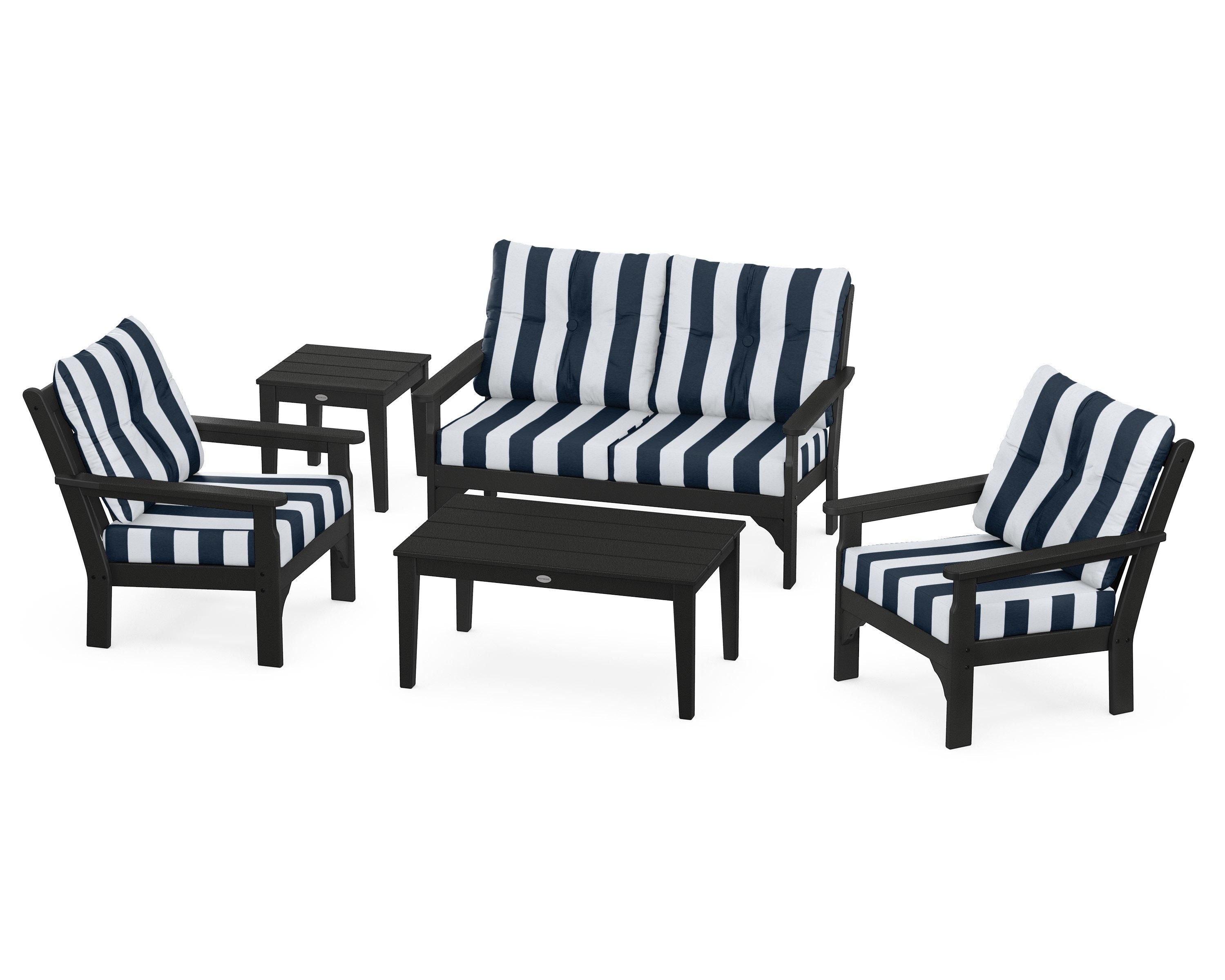 POLYWOOD® Vineyard 5-Piece Deep Seating Set in Black / Cabana Stripe Marine Indigo
