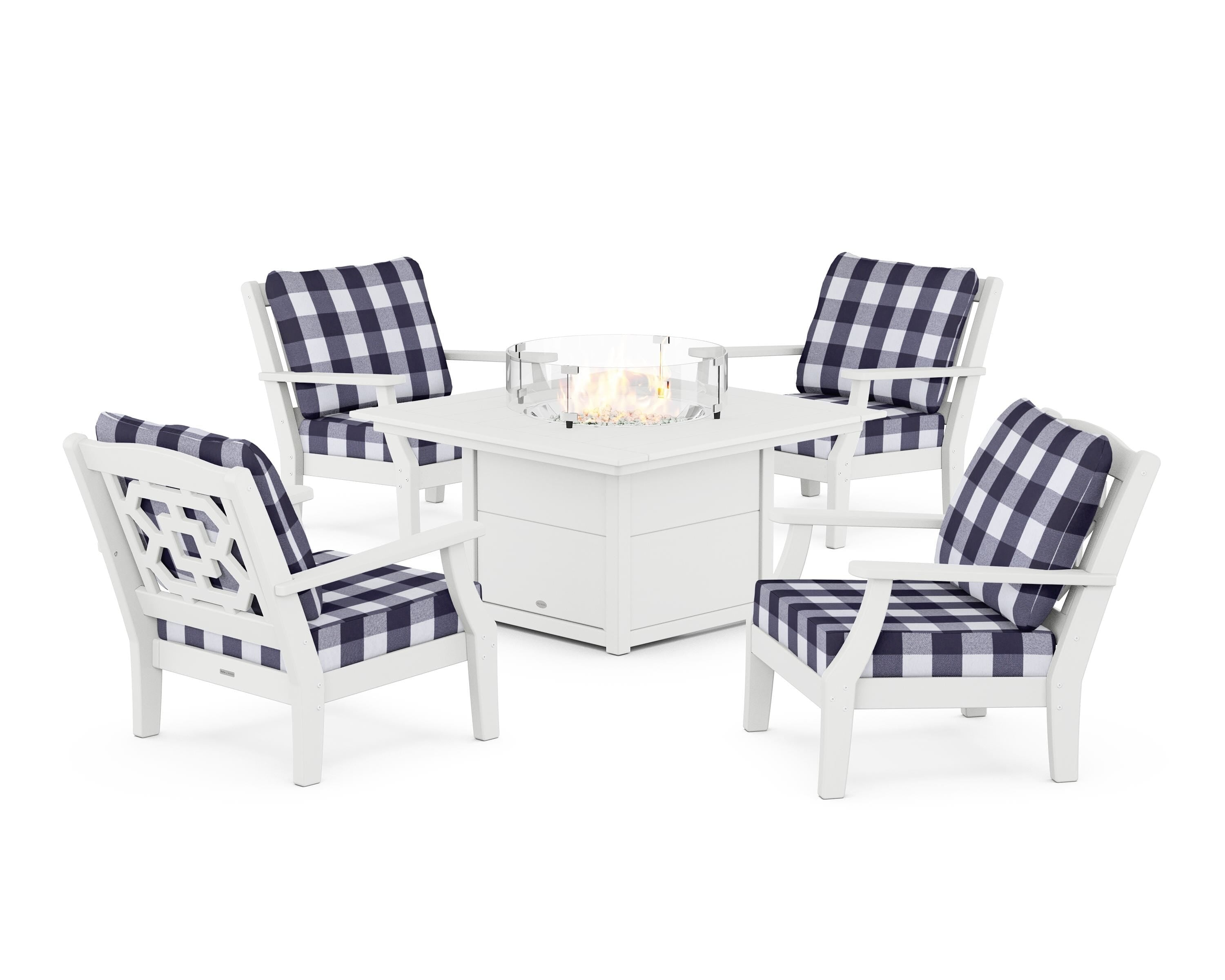Martha Stewart by POLYWOOD® Chinoiserie 5-Piece Deep Seating Set with Fire Pit Table in White / Buffalo Plaid Navy
