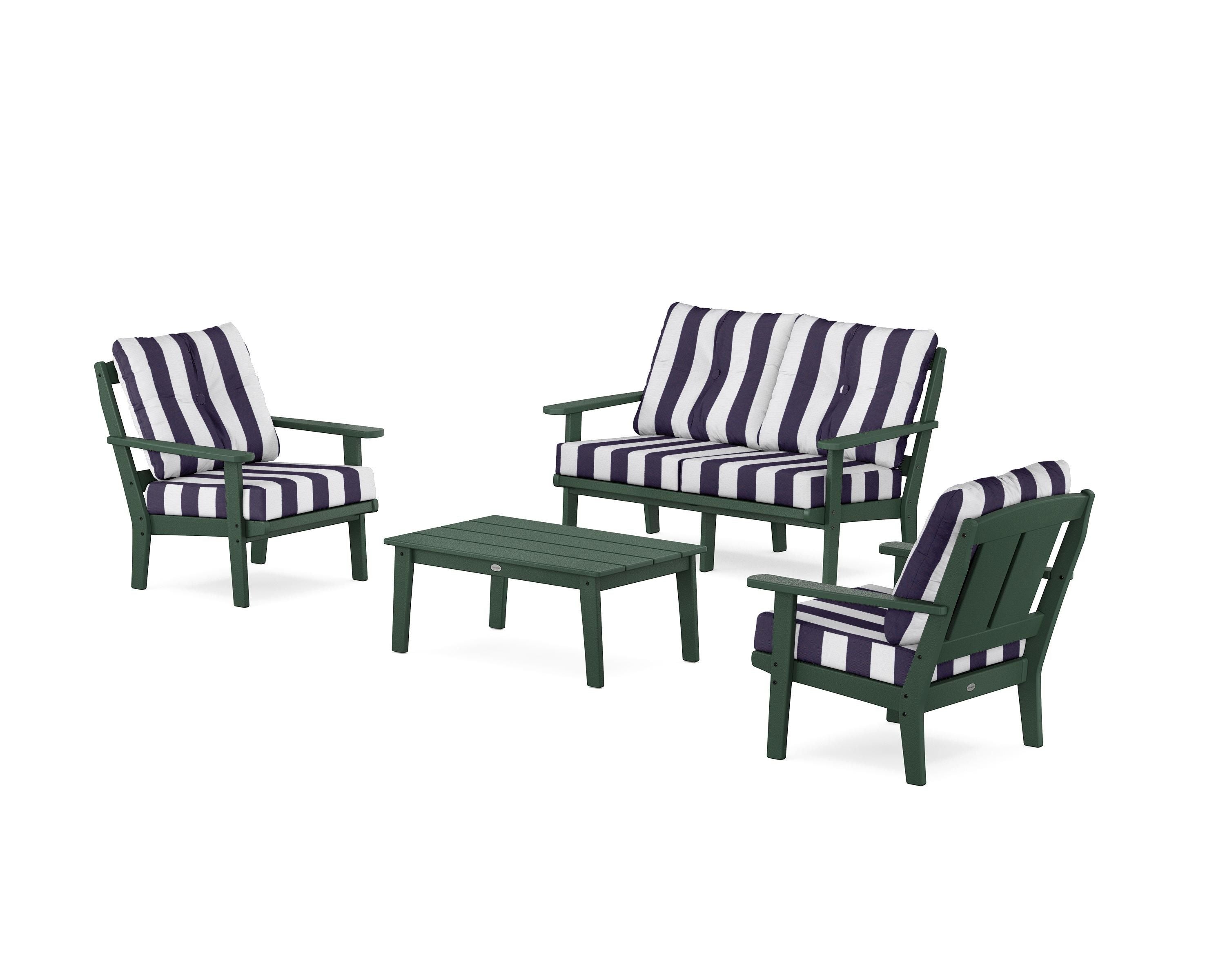 POLYWOOD® Mission 4-Piece Deep Seating Set with Loveseat in Green / Cabana Stripe Navy