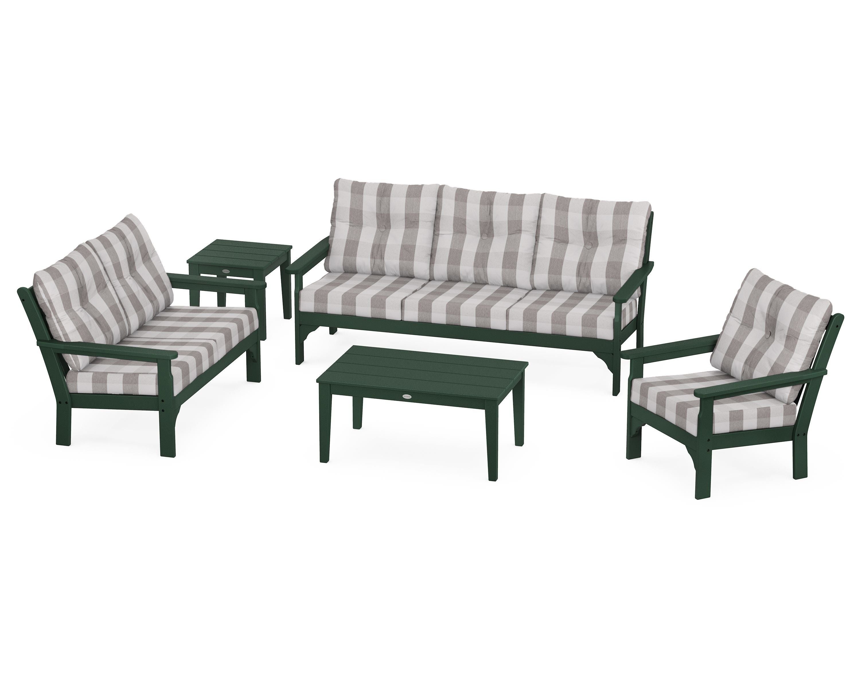 POLYWOOD® Vineyard 5 Piece Deep Seating Set in Green / Buffalo Plaid Grey Mist