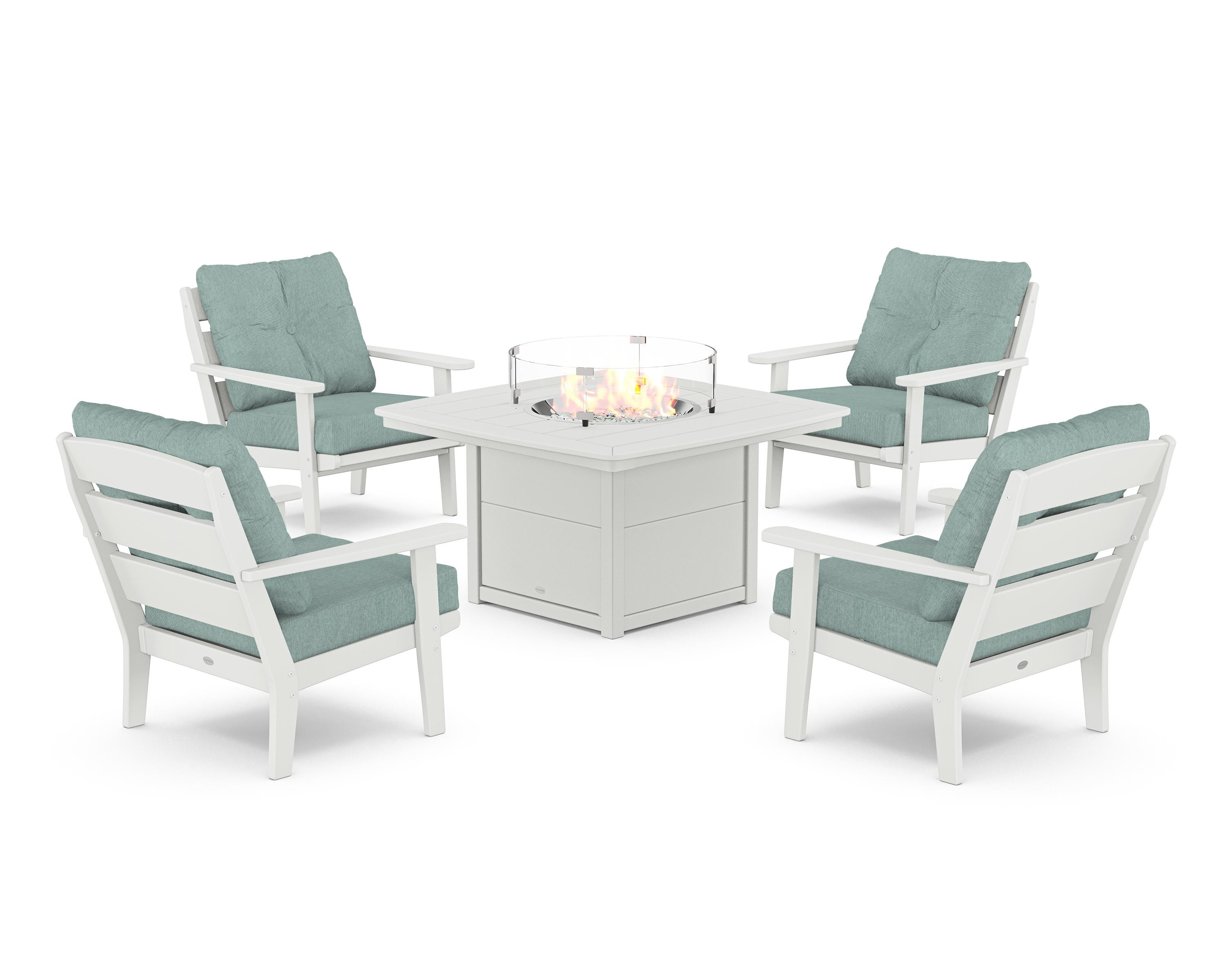 POLYWOOD® Lakeside 5-Piece Deep Seating Set with Nautical Fire Pit Table in White / Glacier Spa