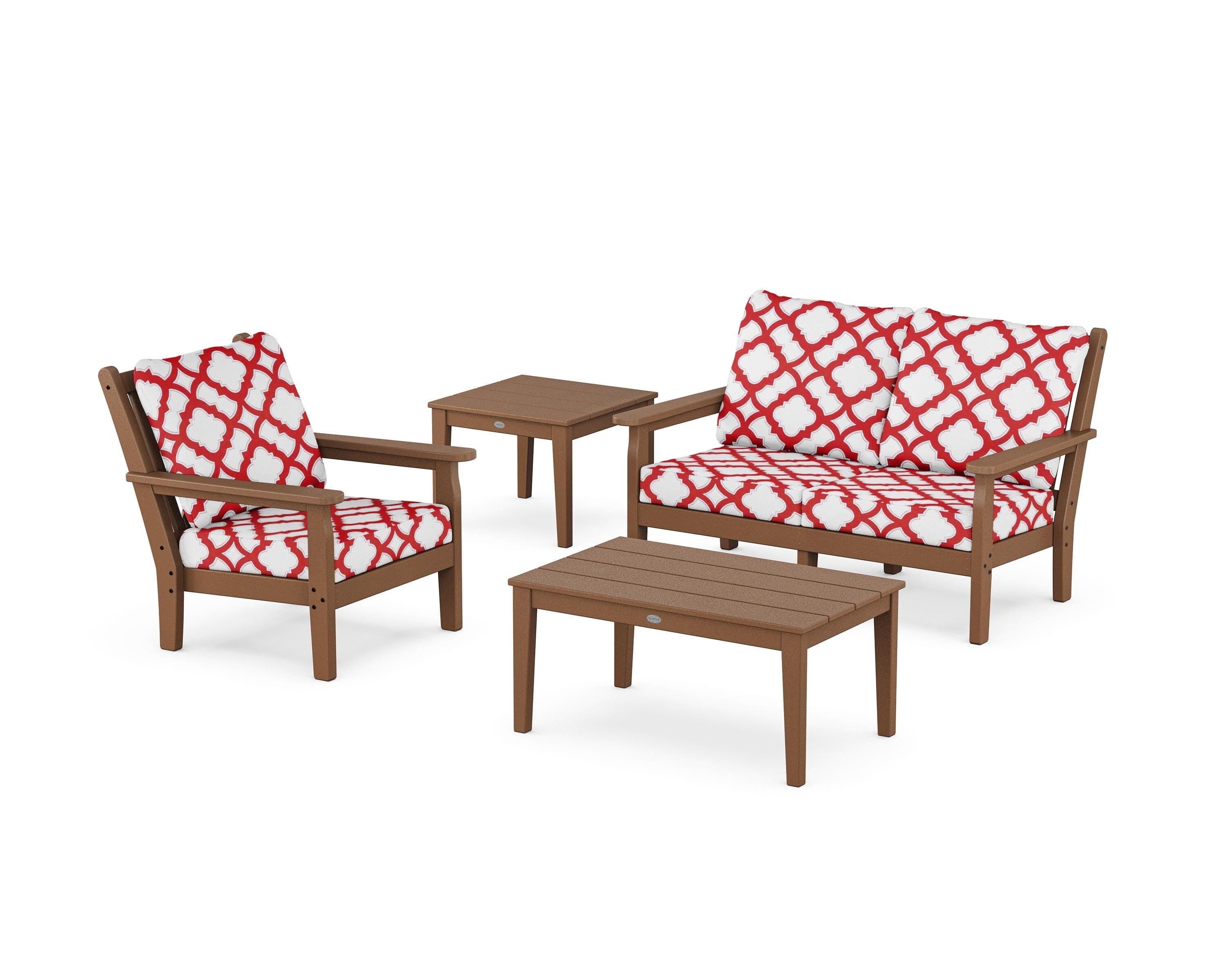 POLYWOOD® Chippendale 4-Piece Deep Seating Set in Teak / Trellis Crimson