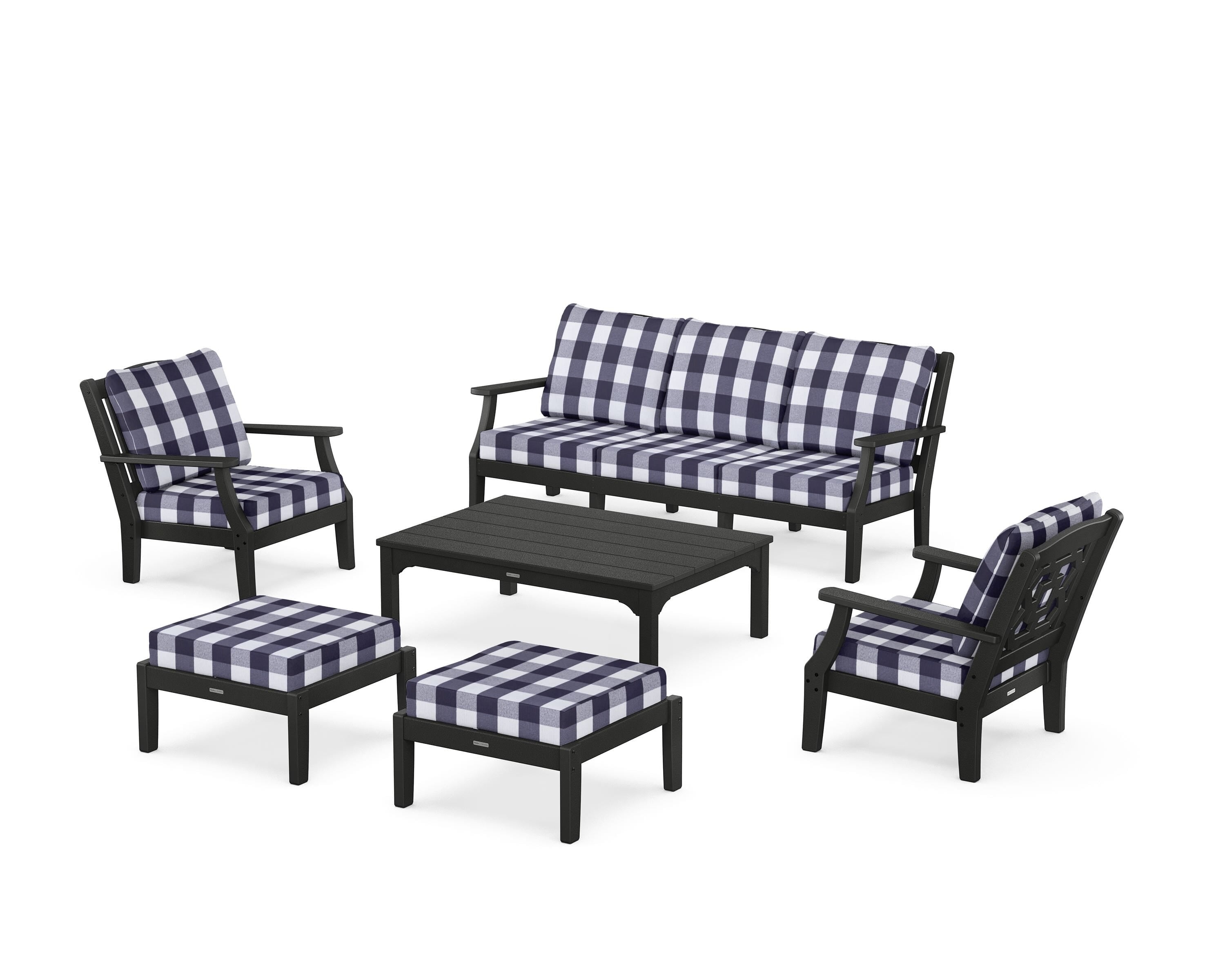 Martha Stewart by POLYWOOD® Chinoiserie 6-Piece Lounge Sofa Set in Black / Buffalo Plaid Navy