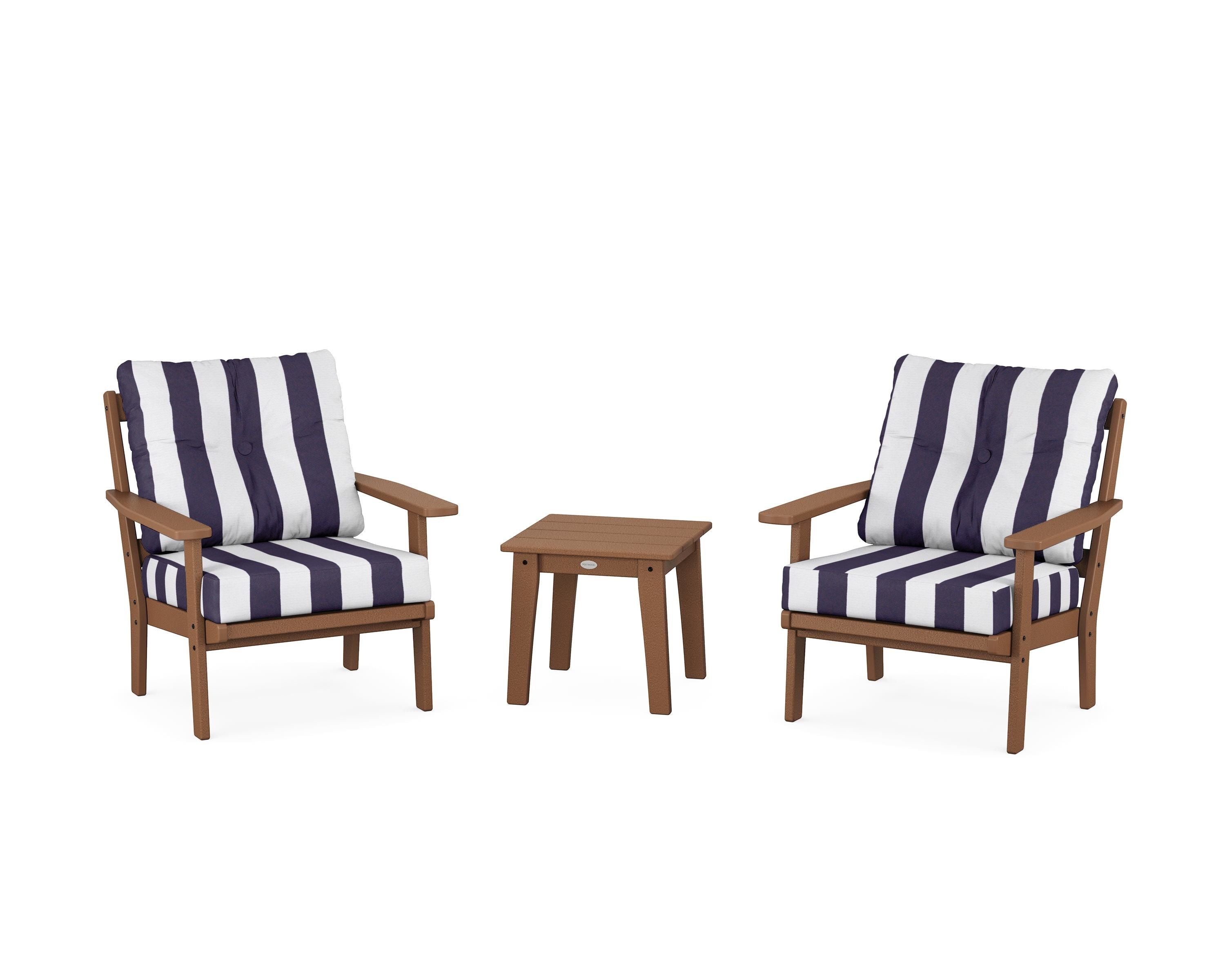 POLYWOOD® Oxford 3-Piece Deep Seating Set in Teak / Cabana Stripe Navy
