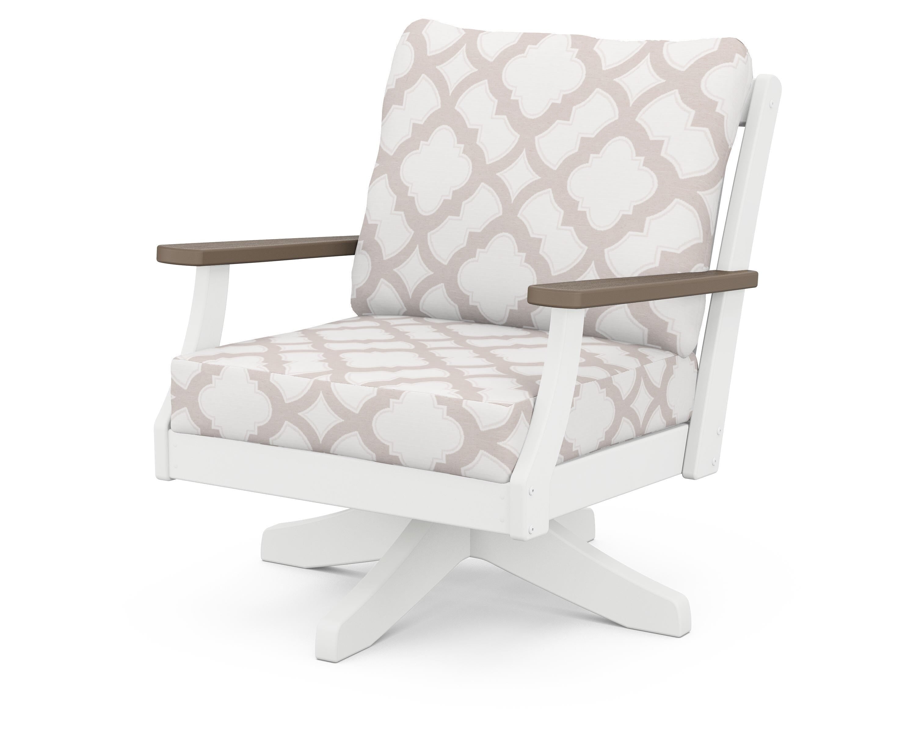 POLYWOOD® Braxton Deep Seating Swivel Chair in White / Kona / Trellis Dune Burlap