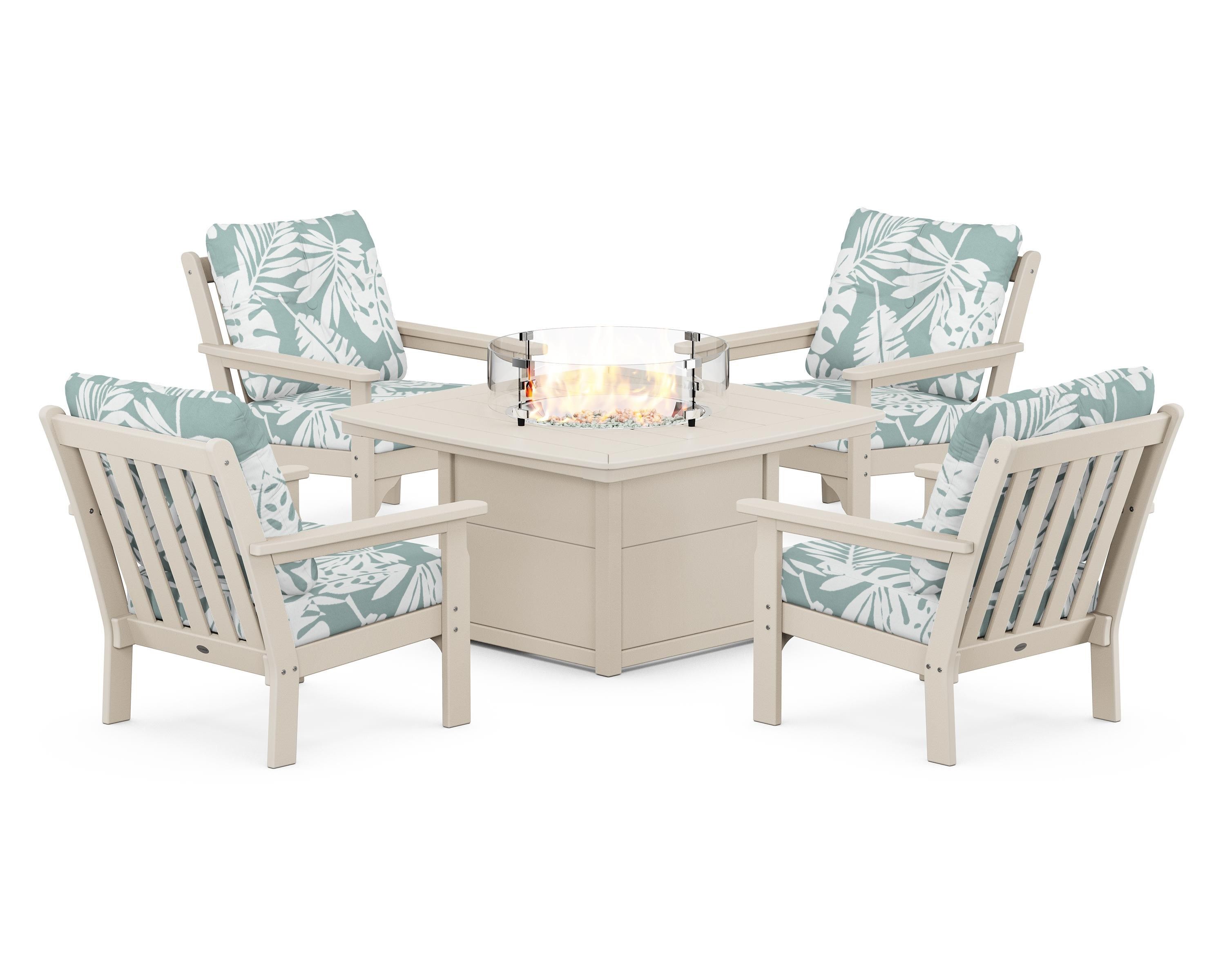 POLYWOOD® Vineyard 5-Piece Conversation Set with Fire Pit Table in Sand / Leaf Glacier Spa