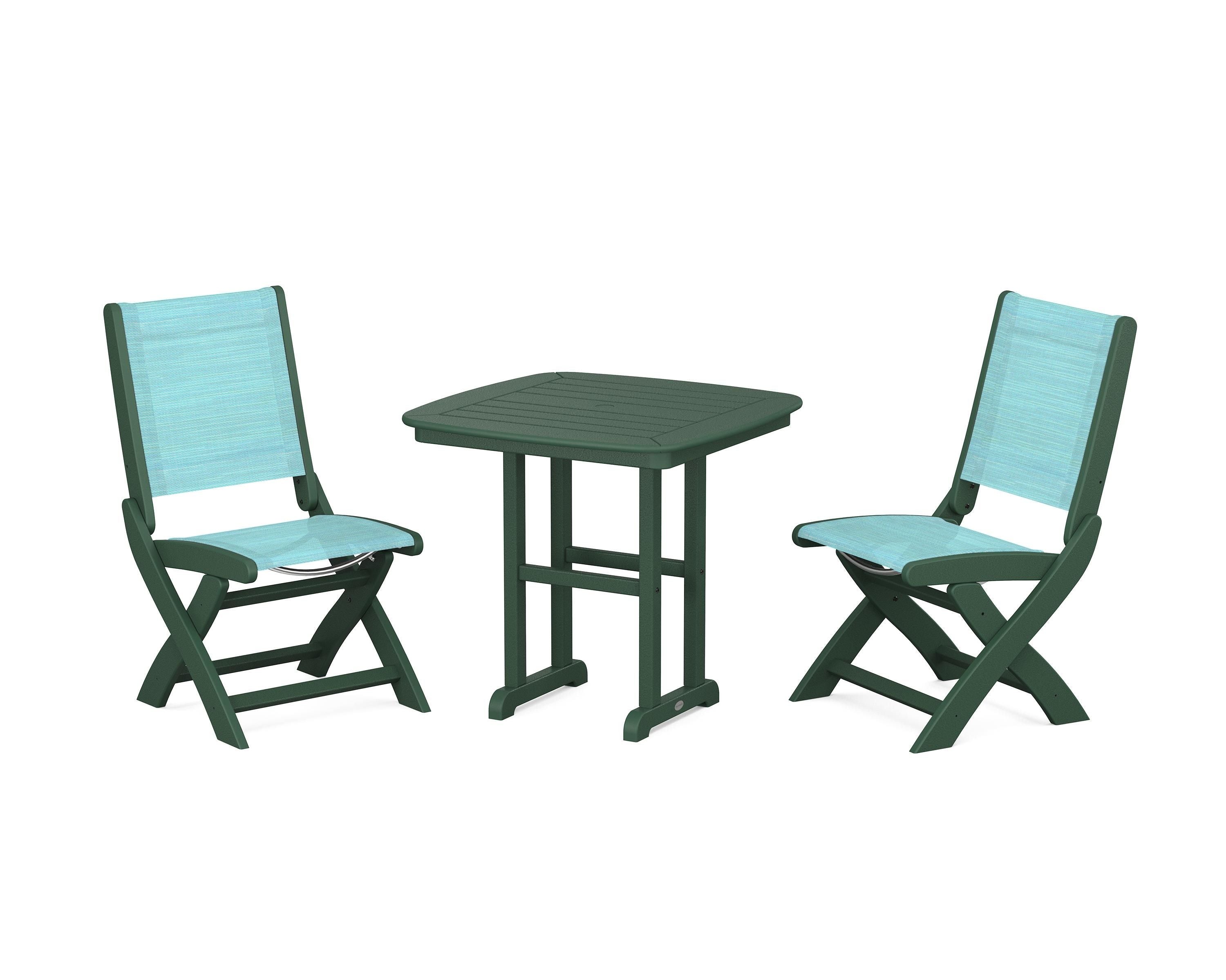 POLYWOOD® Coastal Folding Side Chair 3-Piece Dining Set in Green / Dupioni Aquamarine Sling
