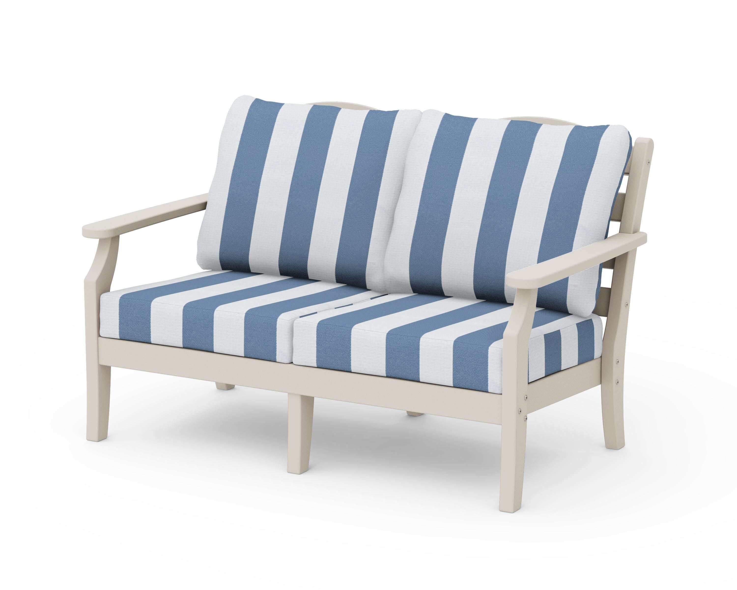 Draper James™ by POLYWOOD® Savannah Deep Seating Loveseat in Sand / Cabana Stripe Sky Blue