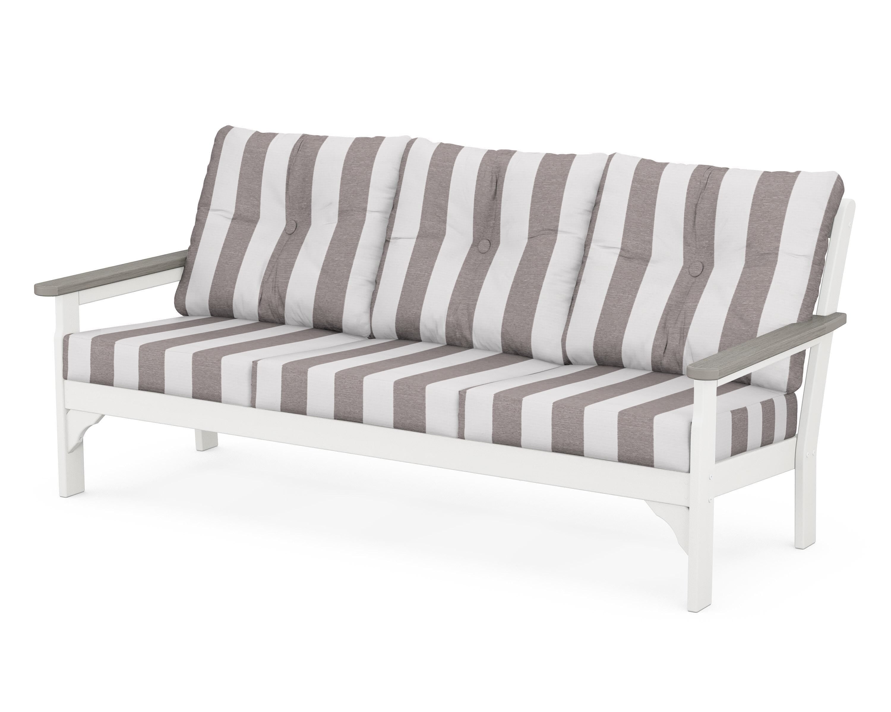 POLYWOOD® Vineyard Deep Seating Sofa in White / Driftwood / Cabana Stripe Grey Mist