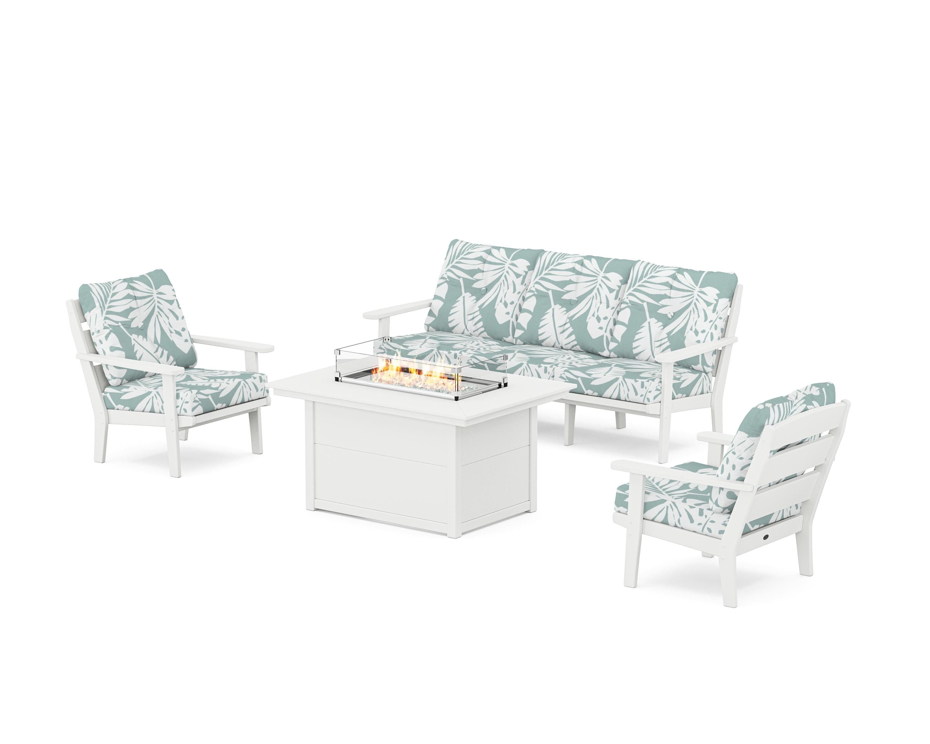 POLYWOOD® Lakeside Deep Seating Fire Pit Table Set in White / Leaf Glacier Spa