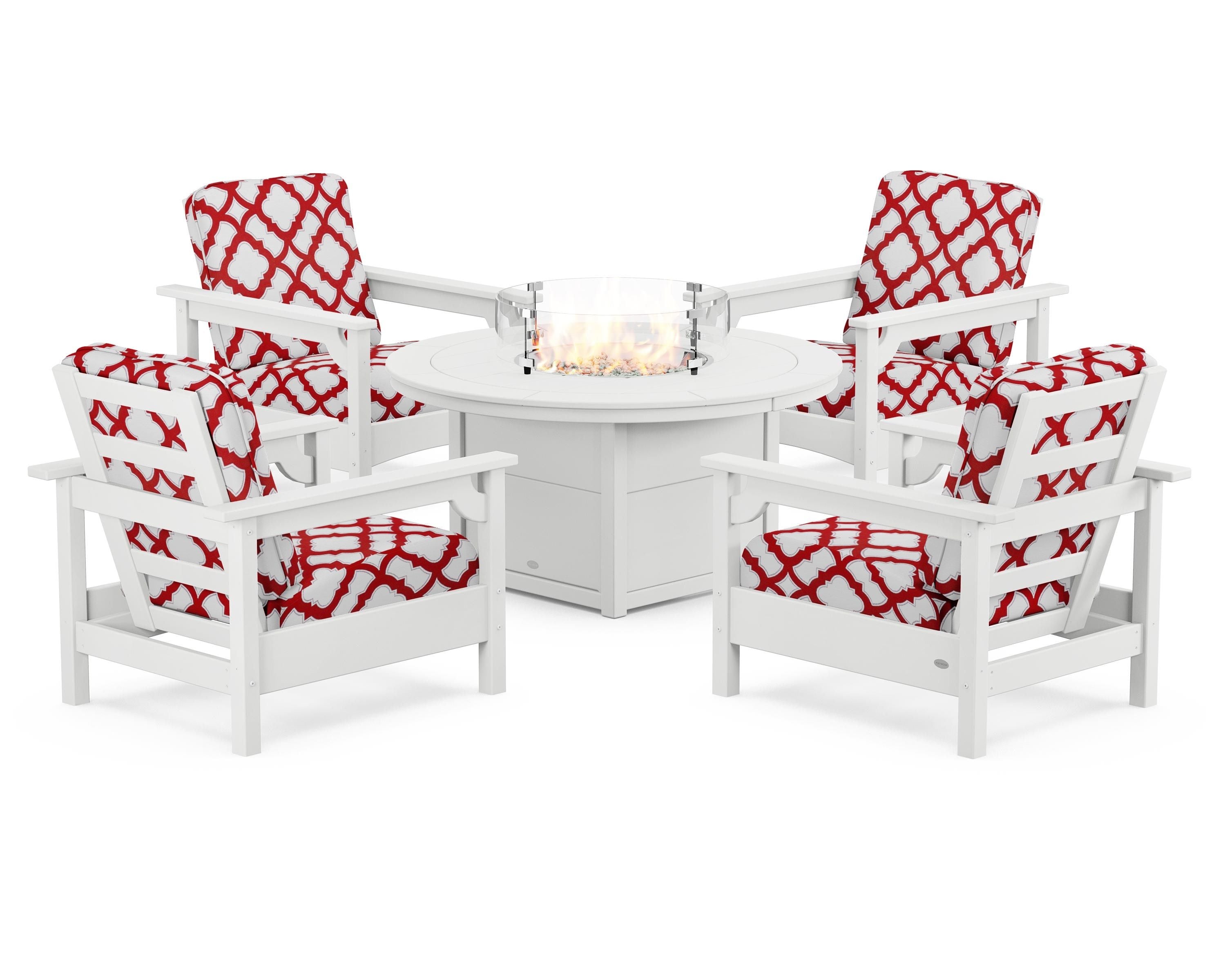 POLYWOOD® Club 5-Piece Conversation Set with Fire Pit Table in White / Trellis Crimson