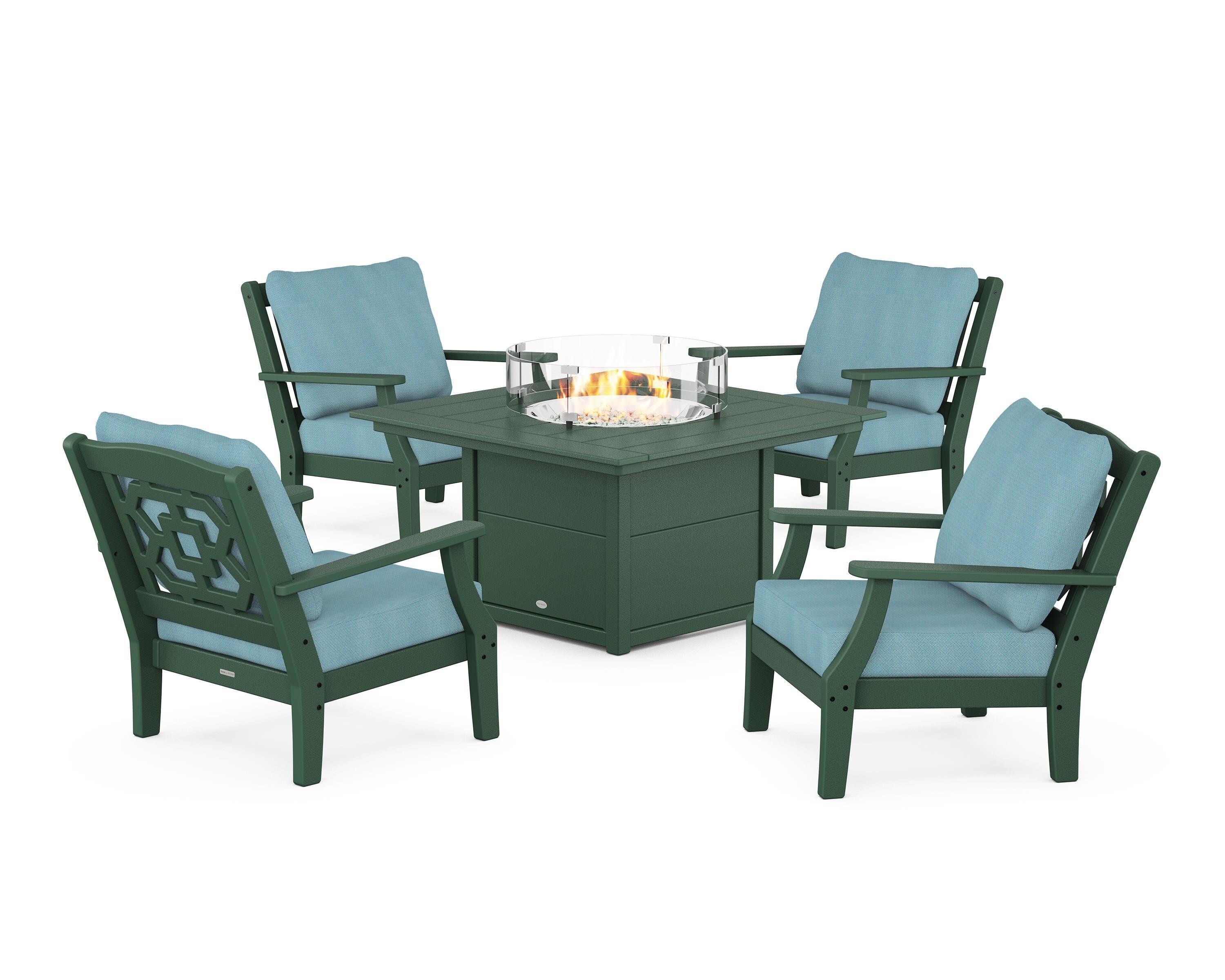 Martha Stewart by POLYWOOD® Chinoiserie 5-Piece Deep Seating Set with Fire Pit Table in Green / Lattice Sky Blue