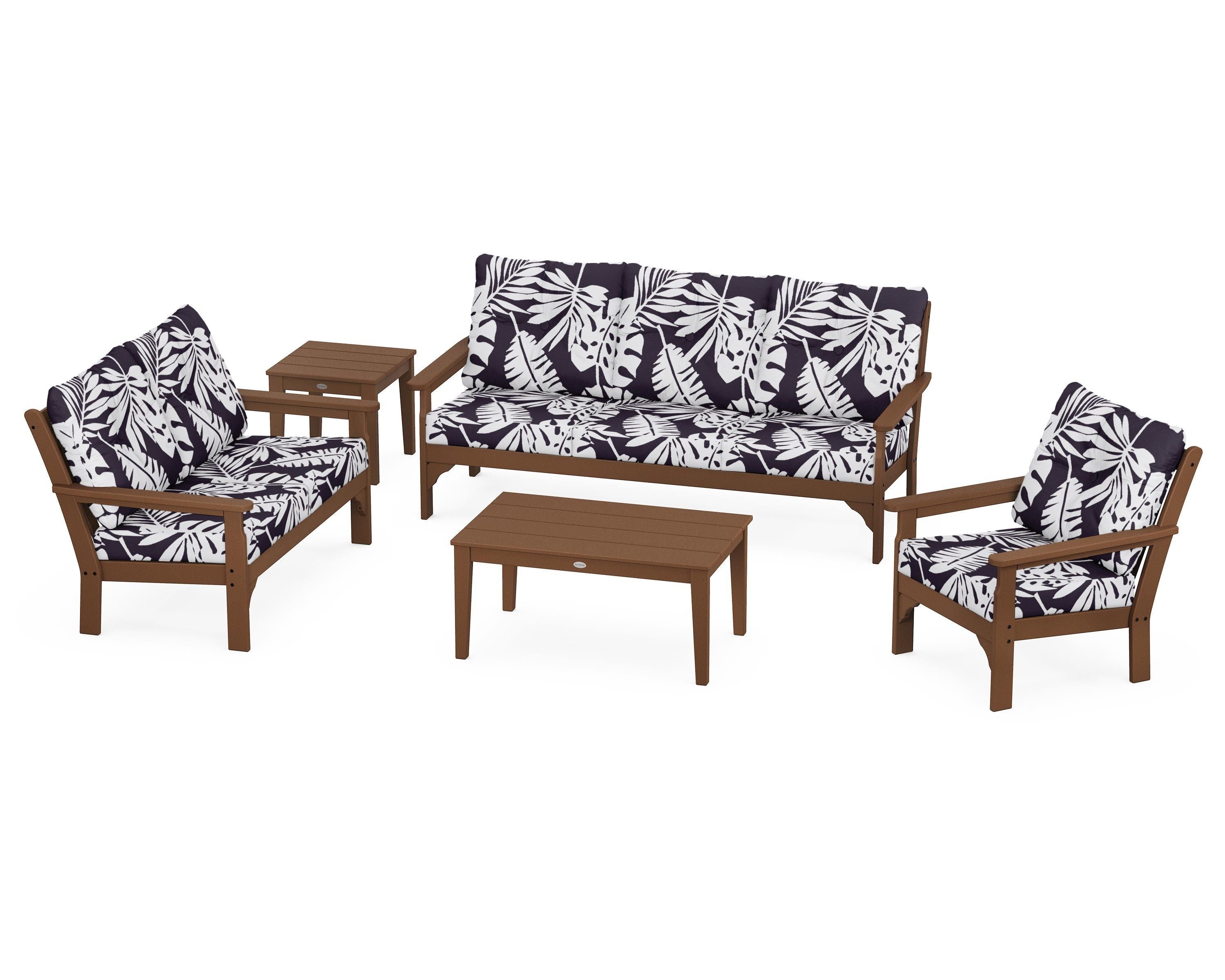 POLYWOOD® Vineyard 5 Piece Deep Seating Set in Teak / Leaf Navy