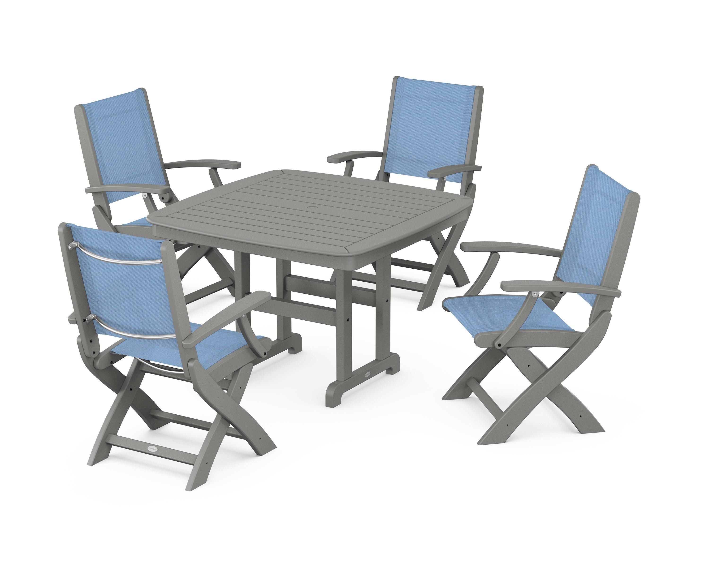 POLYWOOD® Coastal Folding Chair 5-Piece Dining Set in Slate Grey / Poolside Sling