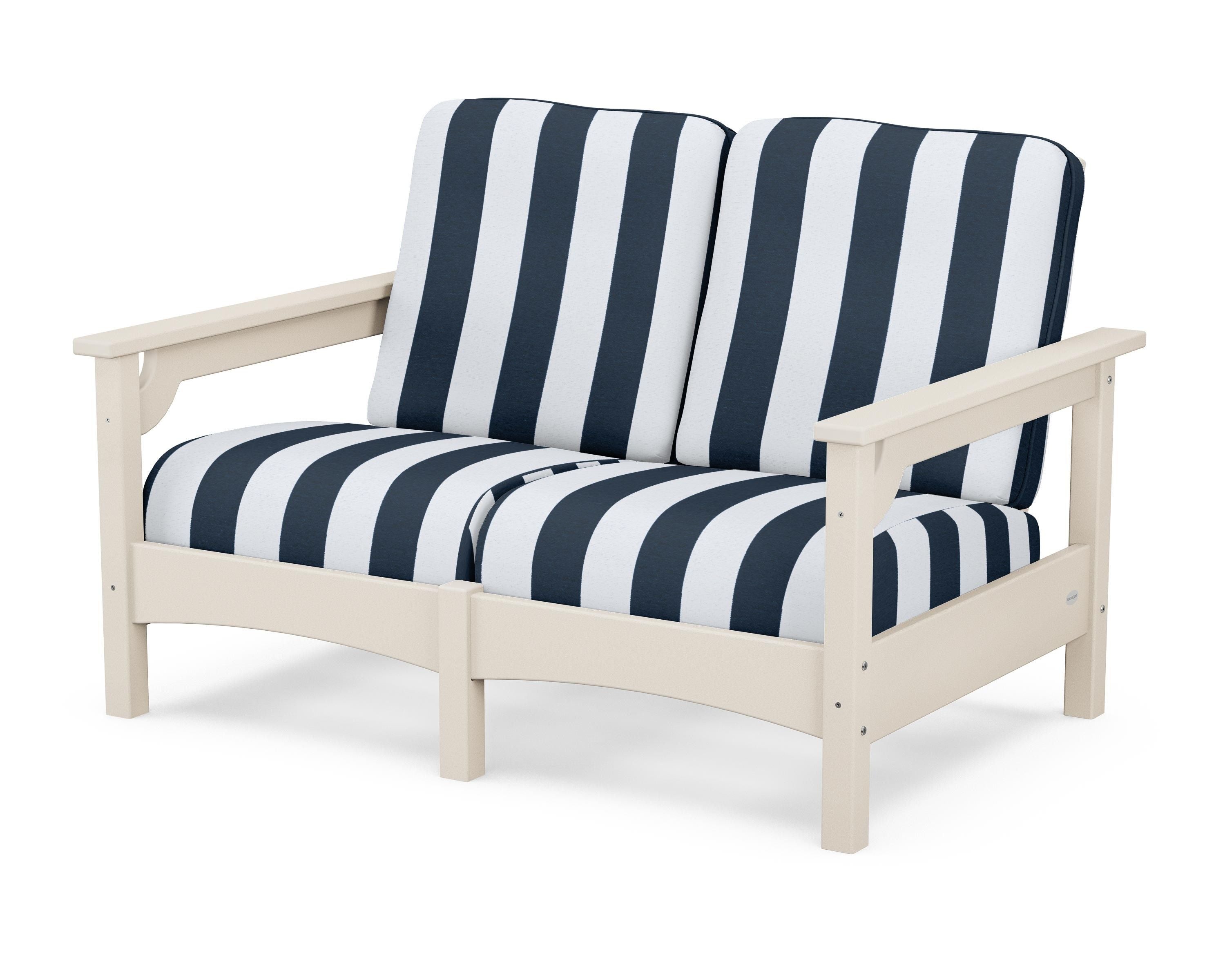 POLYWOOD® Club Loveseat in Sand / Cabana Stripe Marine Indigo