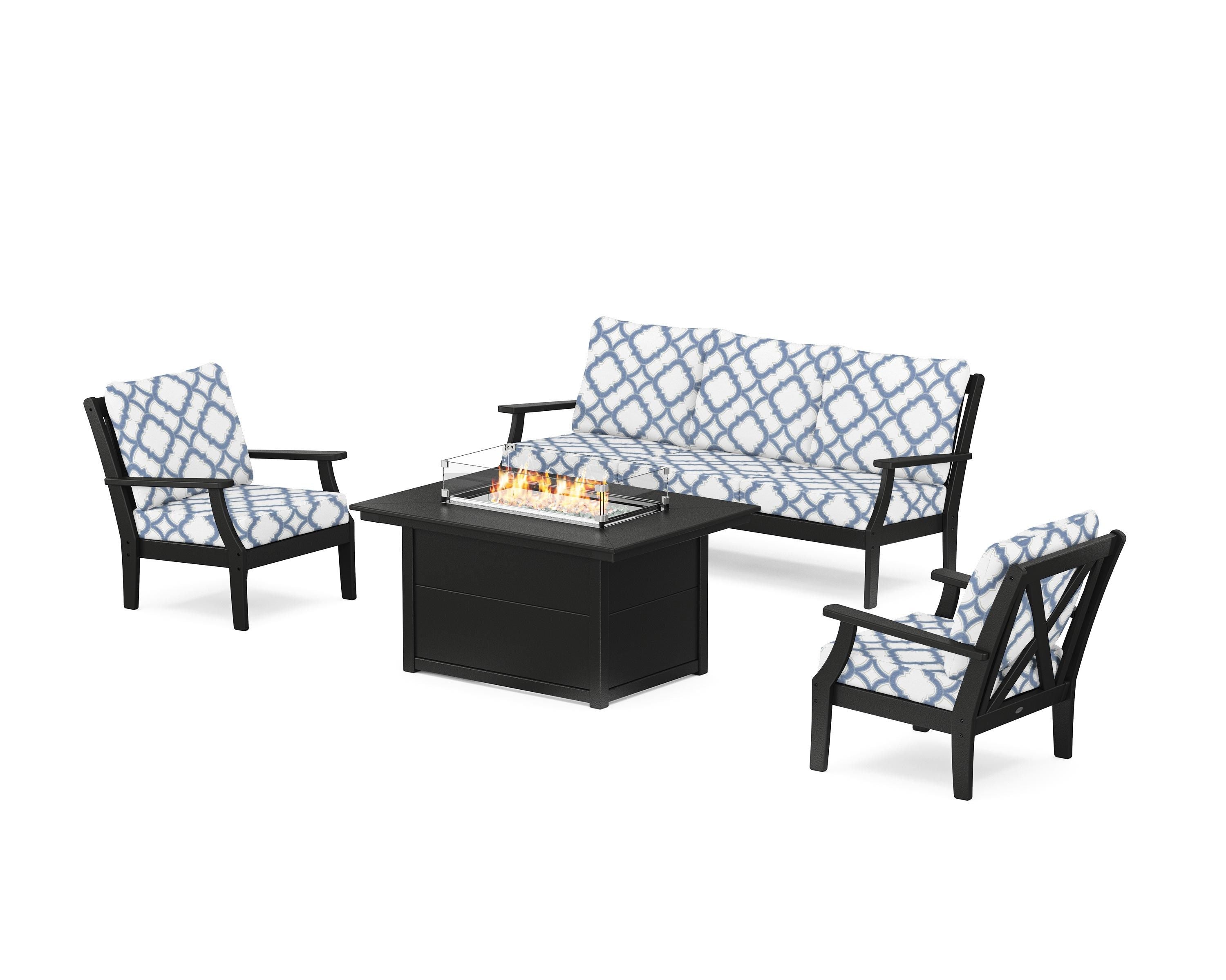 POLYWOOD® Braxton Deep Seating Fire Pit Table Set in Black / Trellis Sky Blue