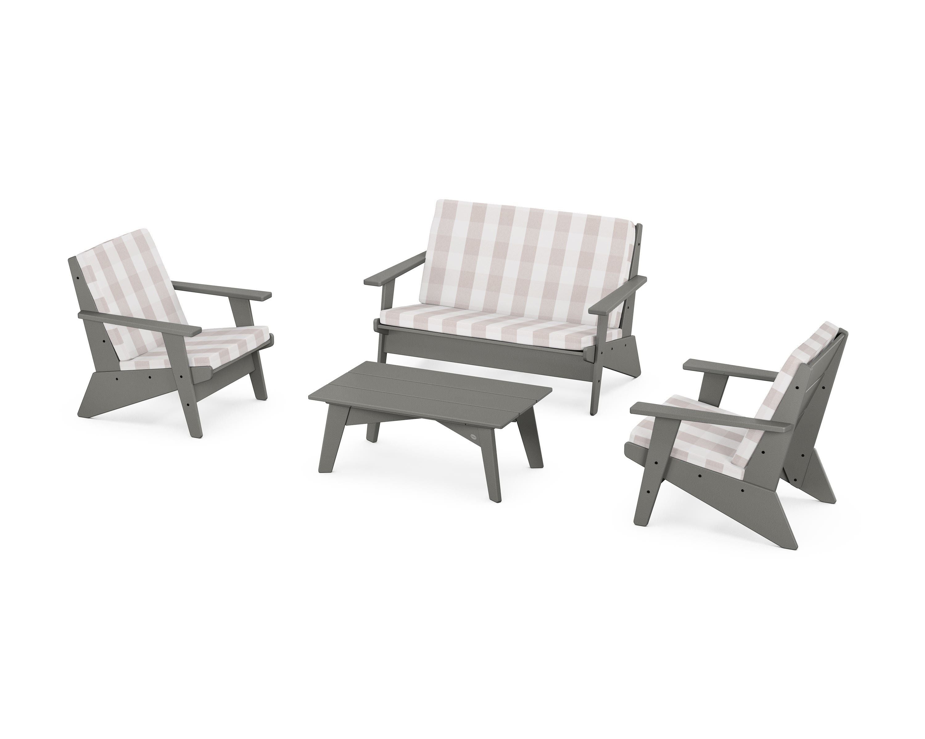 POLYWOOD® Riviera Modern Lounge 4-Piece Set in Slate Grey / Buffalo Plaid Dune Burlap
