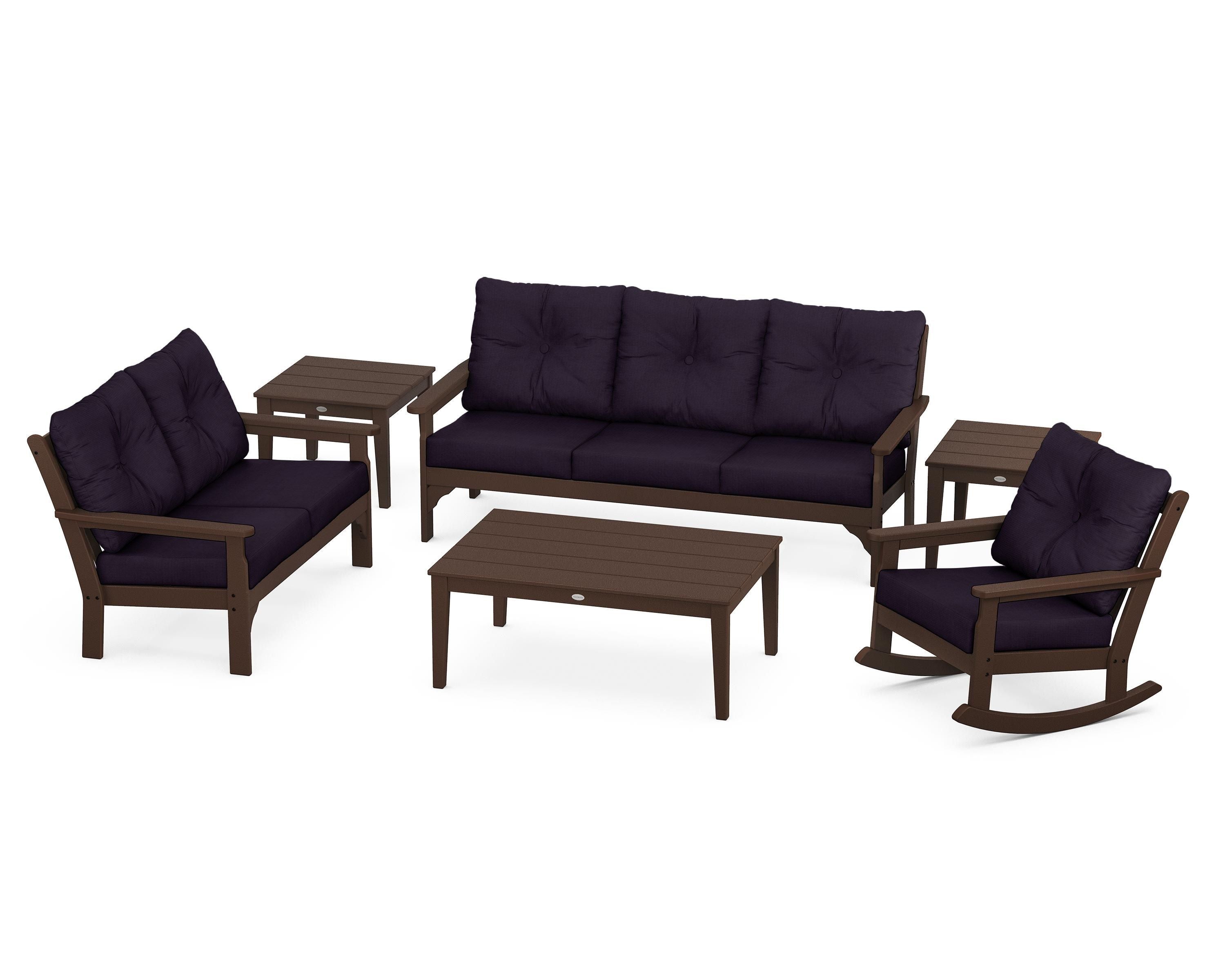 POLYWOOD® Vineyard 6-Piece Deep Seating Set in Mahogany / Navy Linen