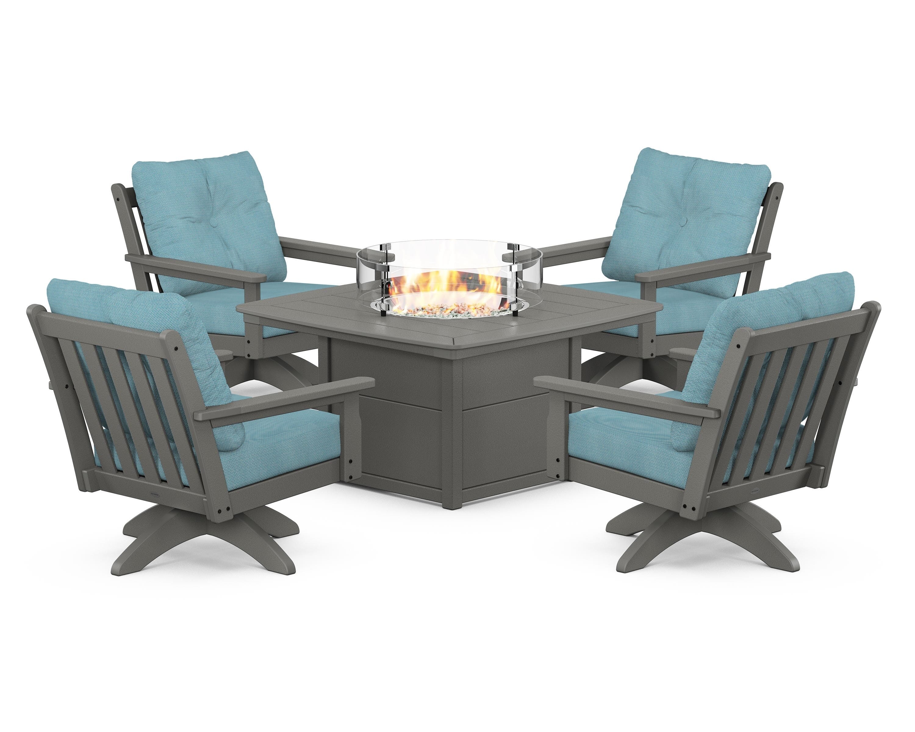 POLYWOOD® Vineyard 5-Piece Deep Seating Swivel Conversation Set with Fire Pit Table in Slate Grey / Lattice Sky Blue