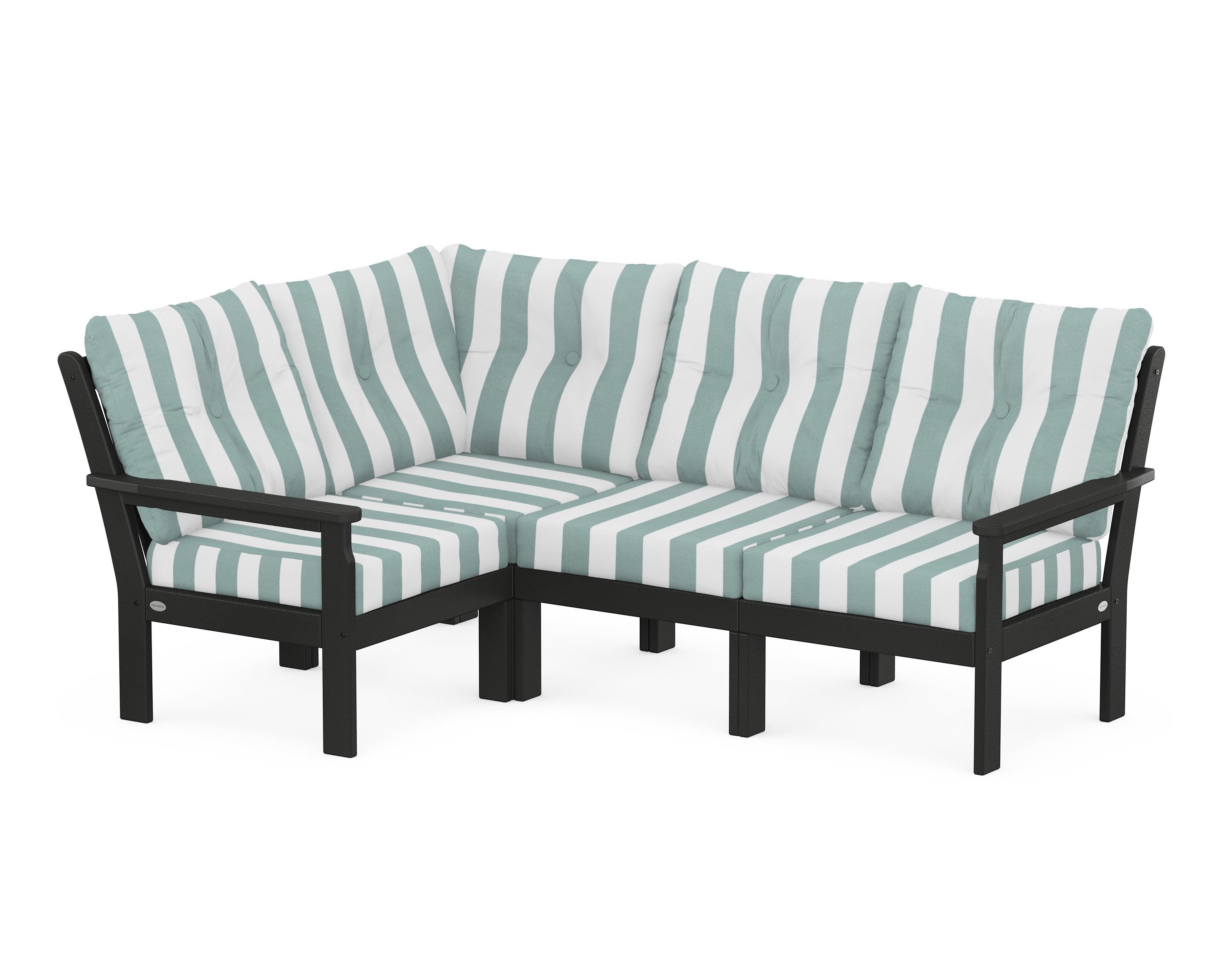 POLYWOOD® Vineyard 4-Piece Sectional in Black / Cabana Stripe Glacier Spa