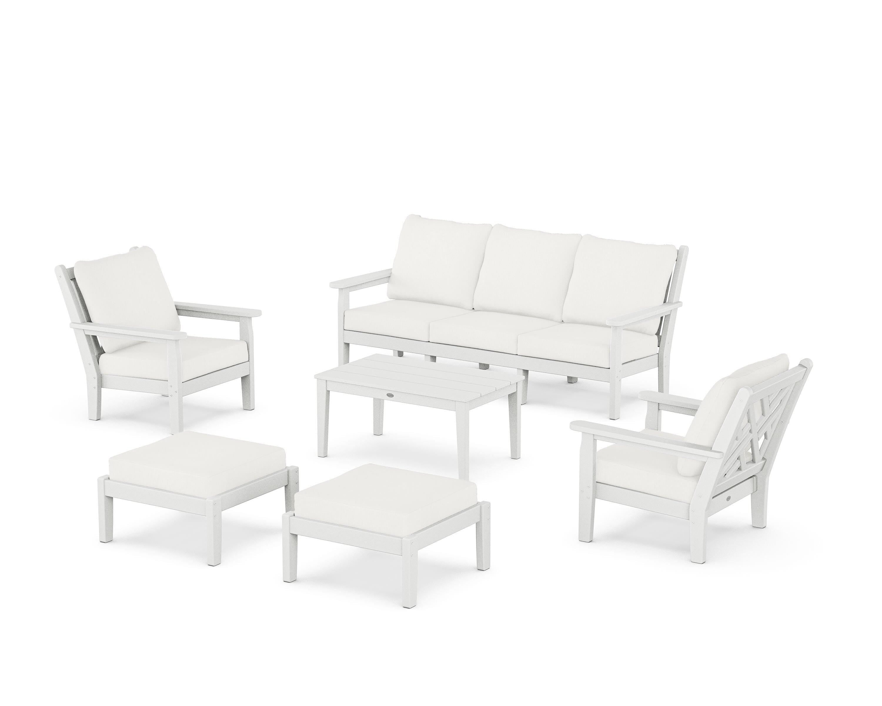 POLYWOOD® Chippendale 6-Piece Lounge Sofa Set in White / Natural Linen