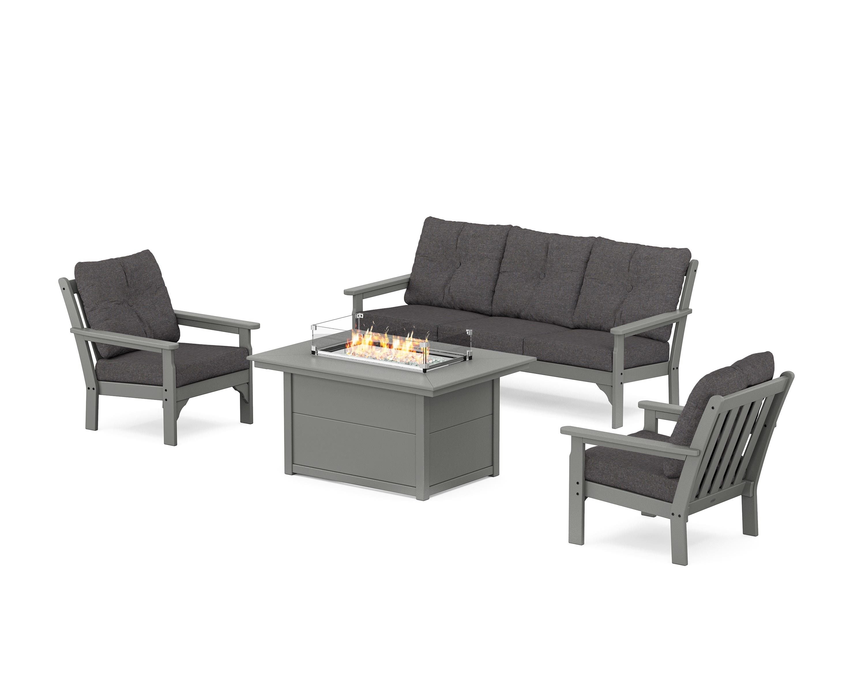 POLYWOOD® Vineyard Deep Seating Fire Pit Table Set in Slate Grey / Ash Charcoal