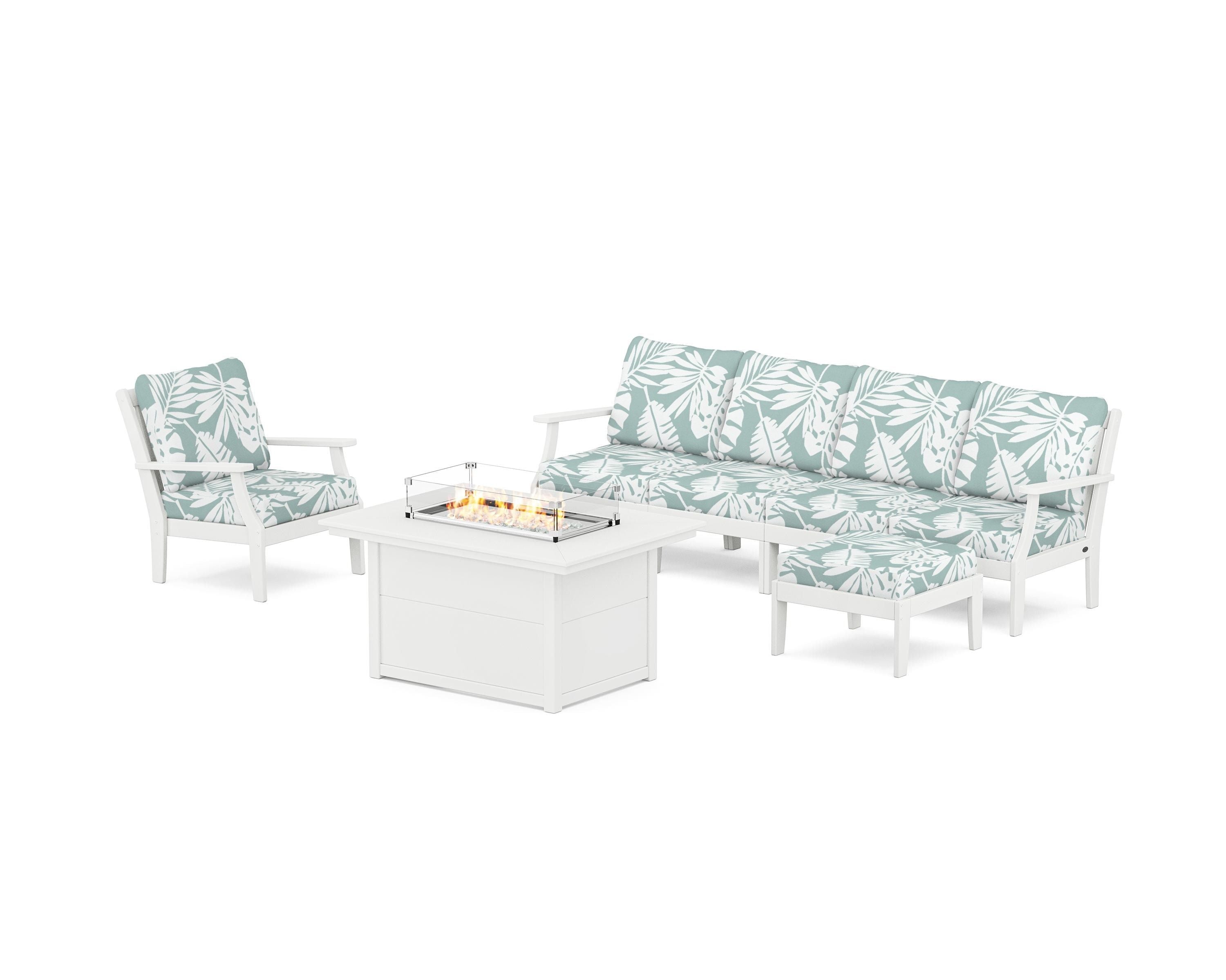 POLYWOOD® Braxton Sectional Lounge and Fire Pit Set in White / Leaf Glacier Spa