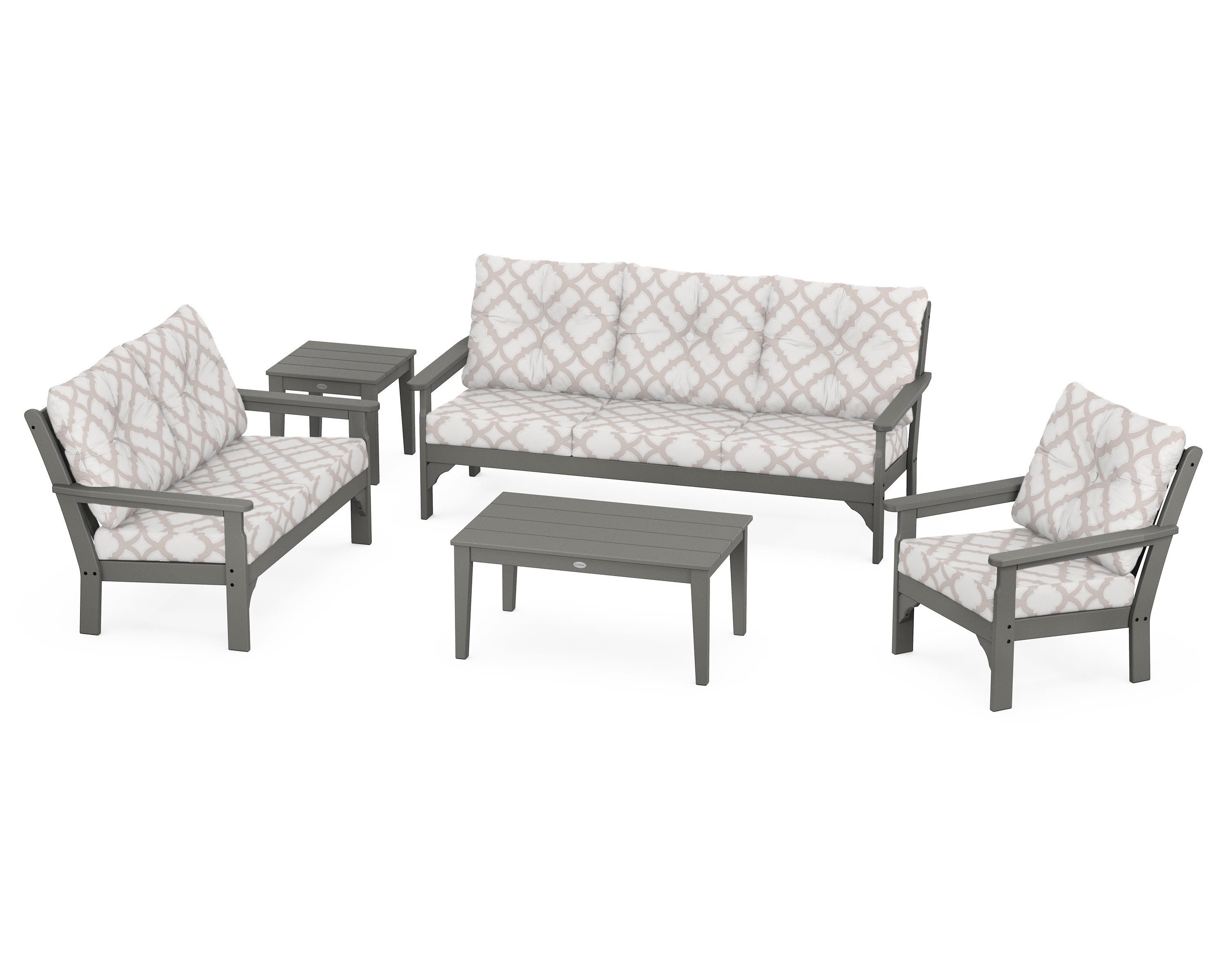 POLYWOOD® Vineyard 5 Piece Deep Seating Set in Slate Grey / Trellis Dune Burlap