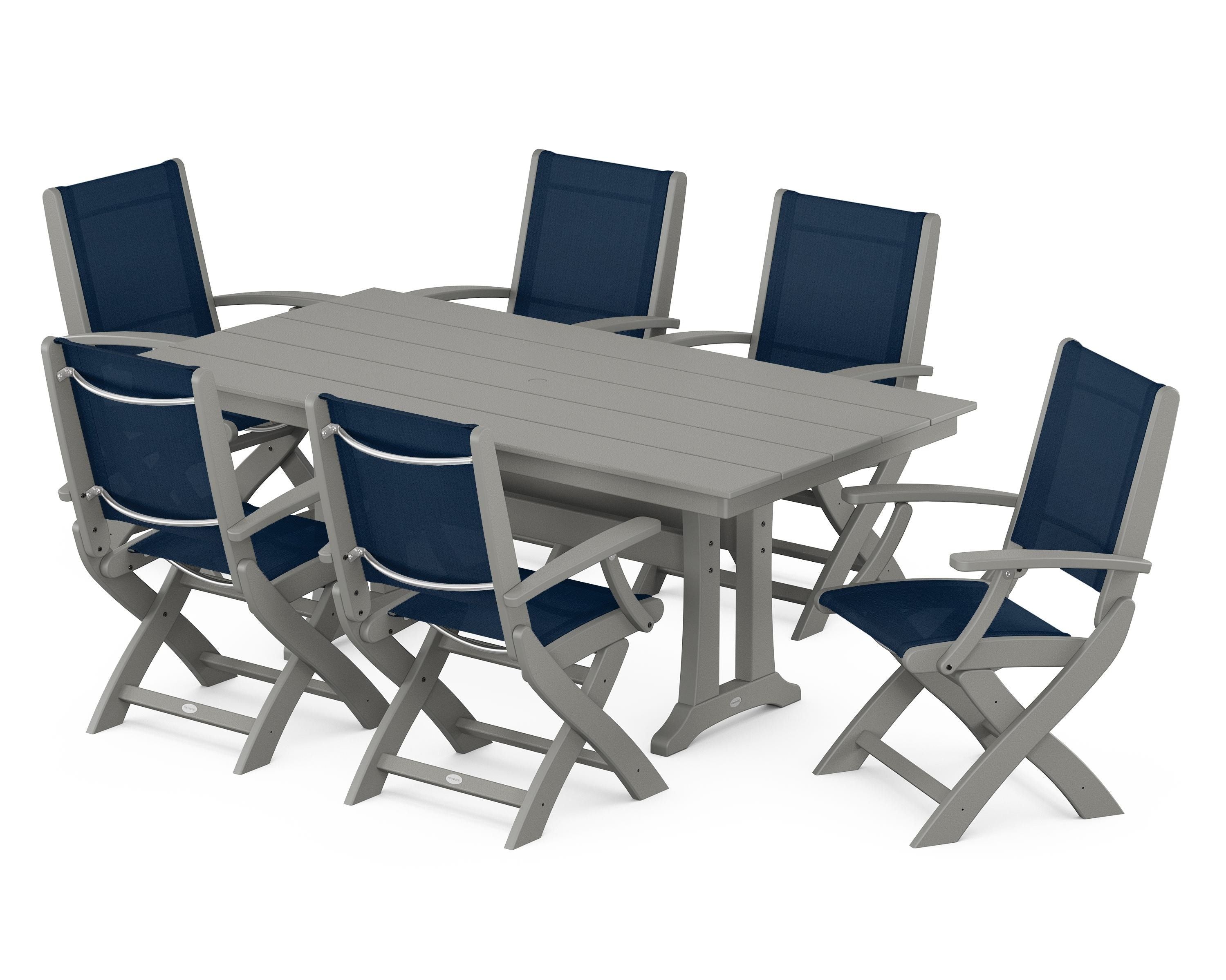 POLYWOOD® Coastal Folding Arm Chair 7-Piece Farmhouse Dining Set with Trestle Legs in Slate Grey / Navy Blue Sling