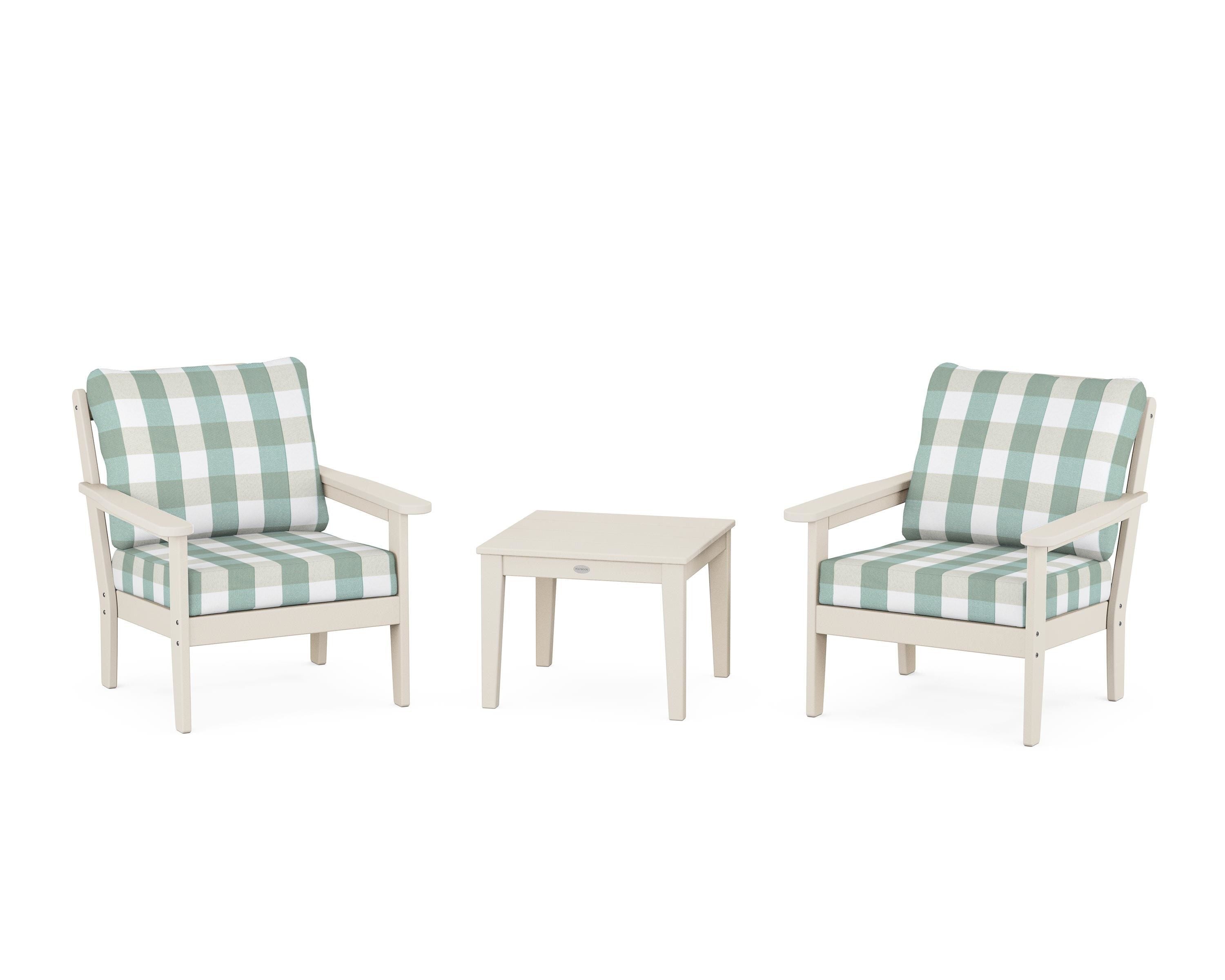 Country Living Cottage 3-Piece Deep Seating Set in Sand / Buffalo Plaid Glacier Spa