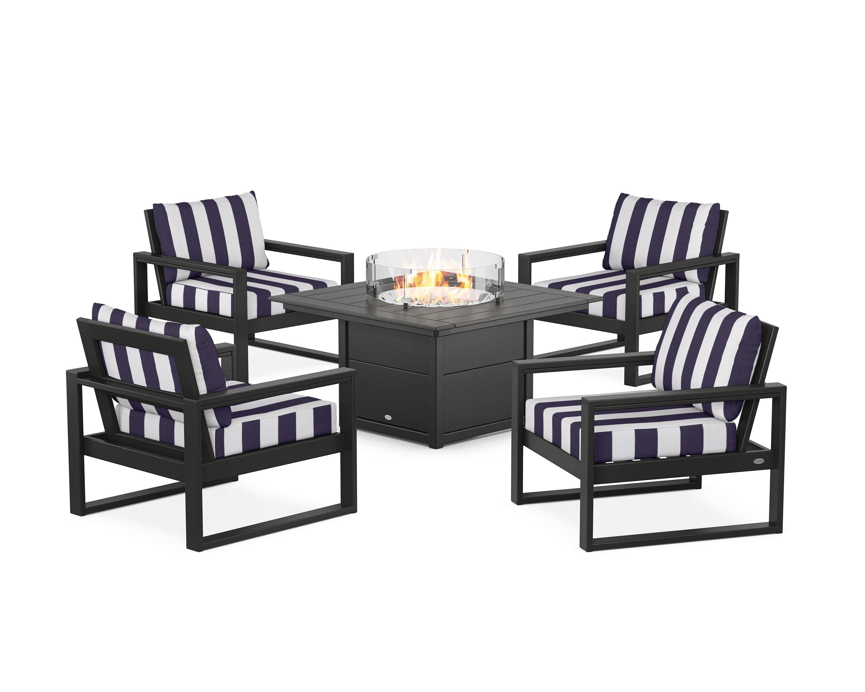 POLYWOOD® EDGE Sectional 5-Piece Deep Seating Set with Fire Pit Table in Black / Cabana Stripe Navy
