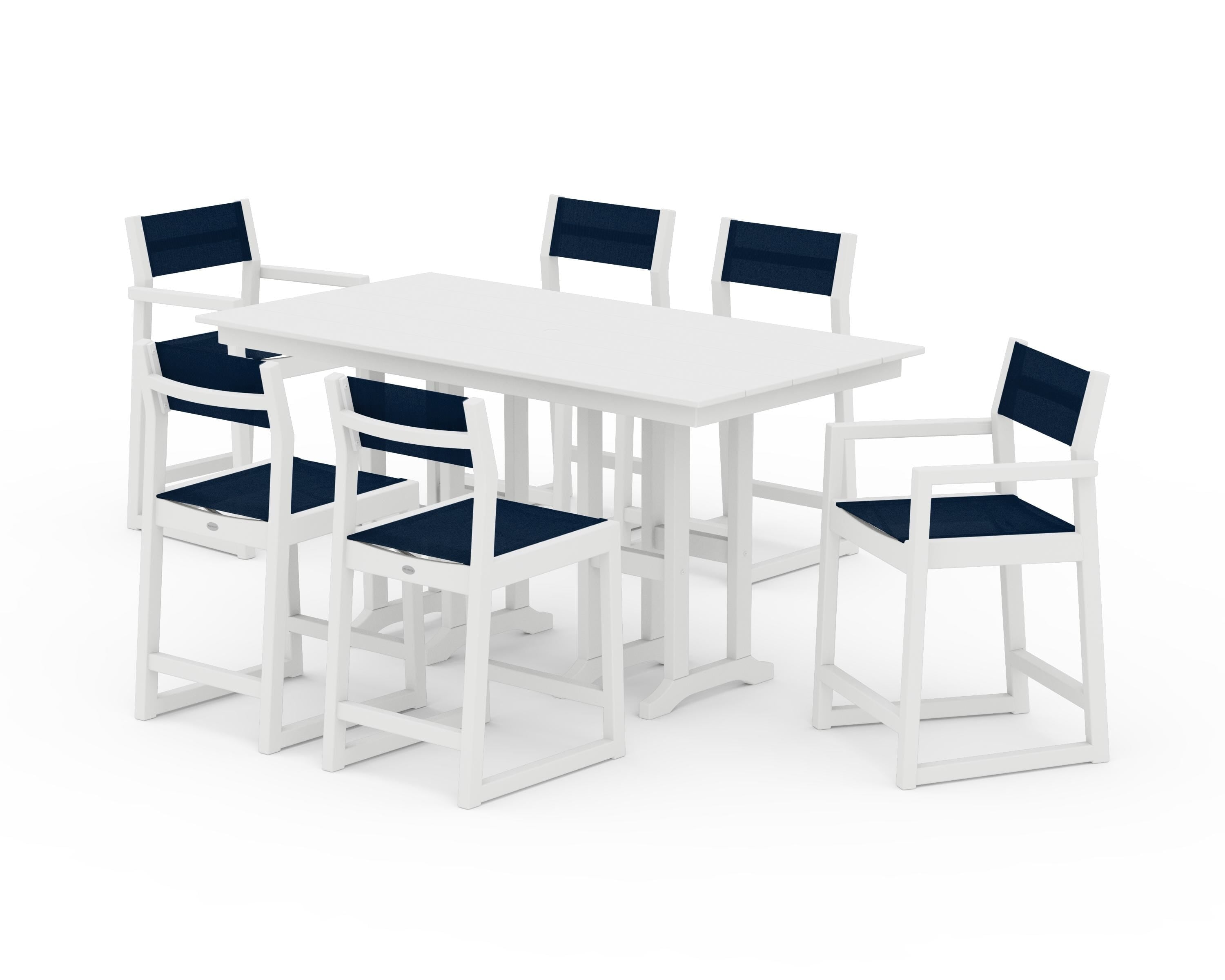 POLYWOOD® EDGE Sling 7-Piece Farmhouse Counter Set with Trestle Legs in White / Navy Blue Sling