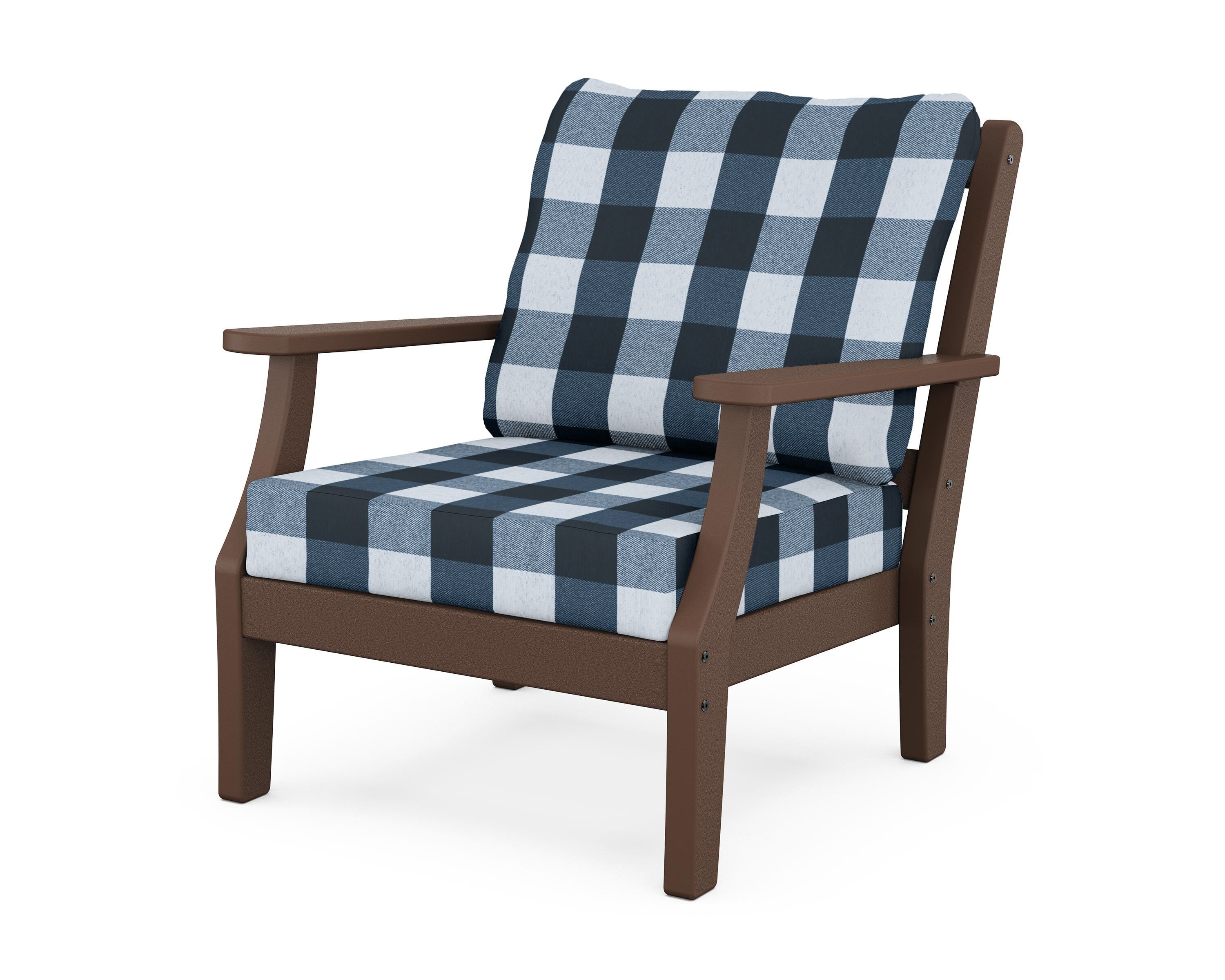 Martha Stewart by POLYWOOD® Chinoiserie Deep Seating Chair in Mahogany / Buffalo Plaid Marine Indigo