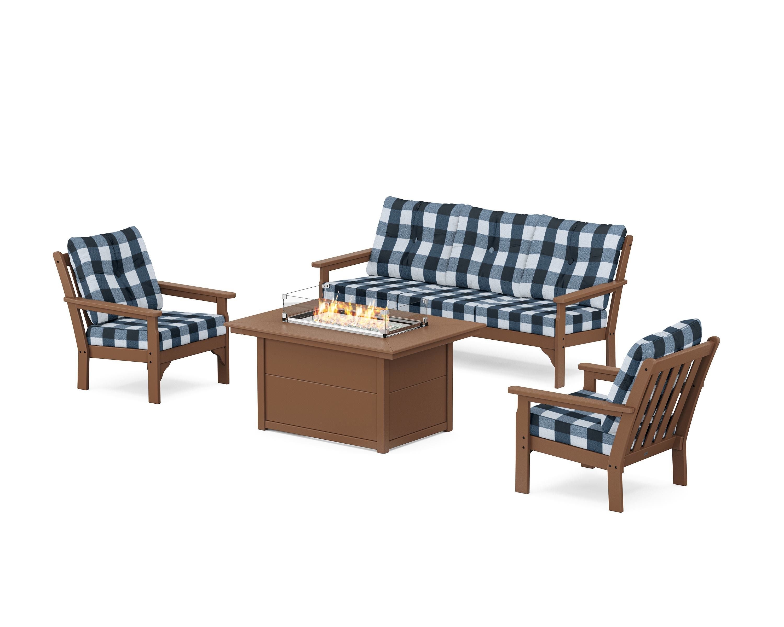 POLYWOOD® Vineyard Deep Seating Fire Pit Table Set in Teak / Buffalo Plaid Marine Indigo