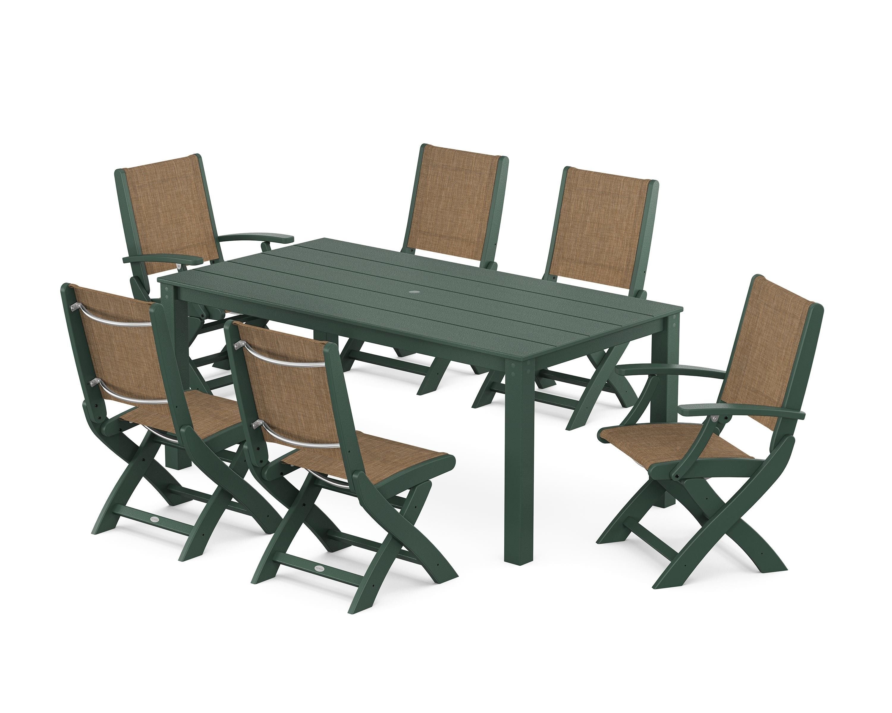 POLYWOOD® Coastal Folding Chair 7-Piece Parsons Dining Set in Green / Burlap Sling