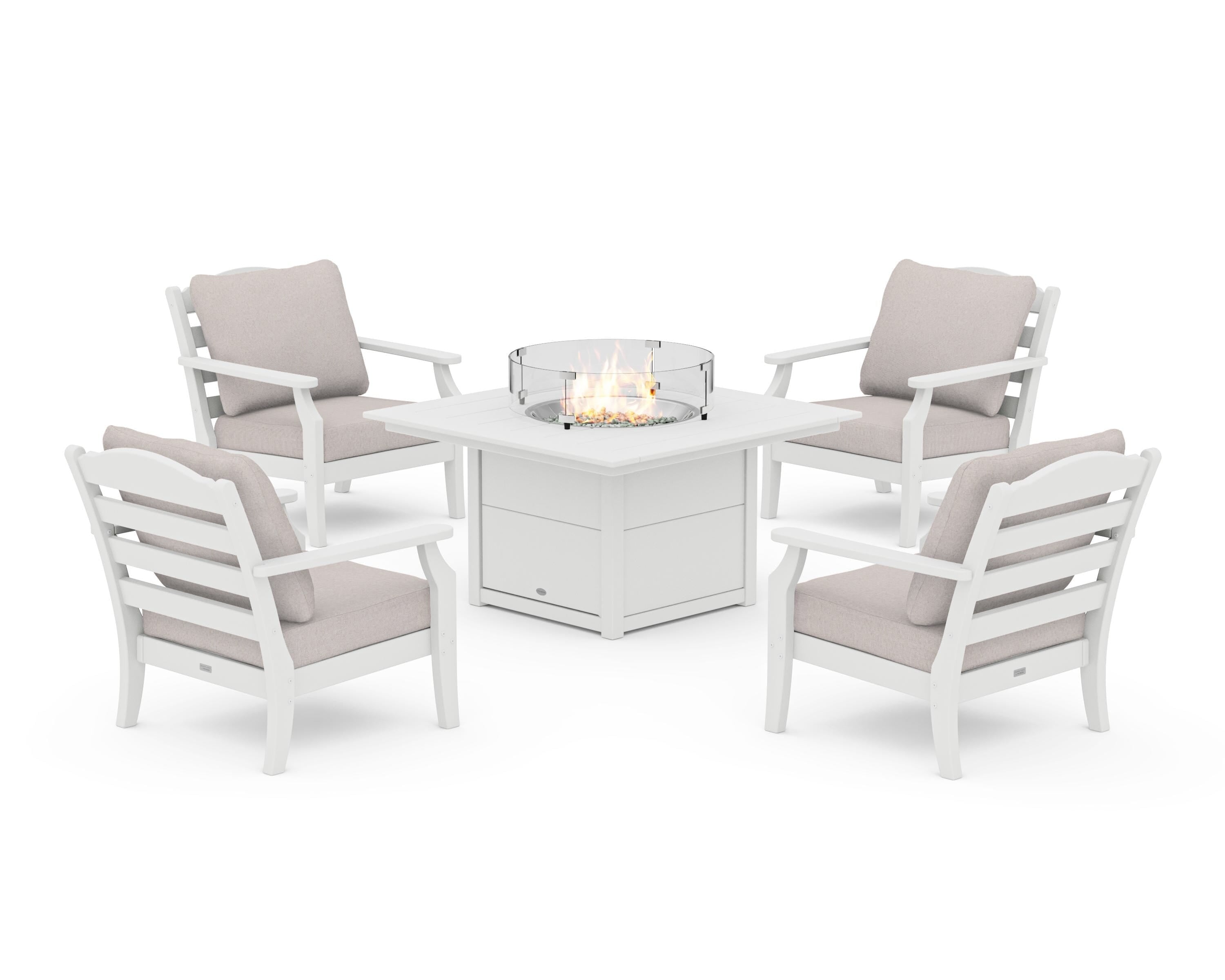 Draper James™ by POLYWOOD® Savannah 5-Piece Deep Seating Set with Fire Pit Table in White / Dune Burlap