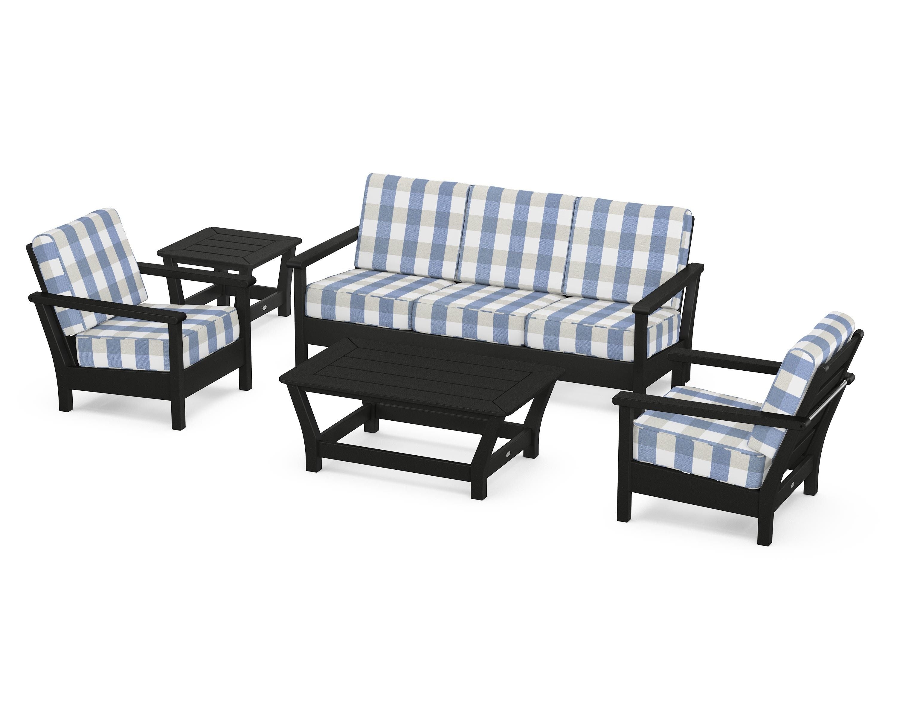 POLYWOOD® Harbour 5-Piece Deep Seating Set in Black / Buffalo Plaid Sky Blue