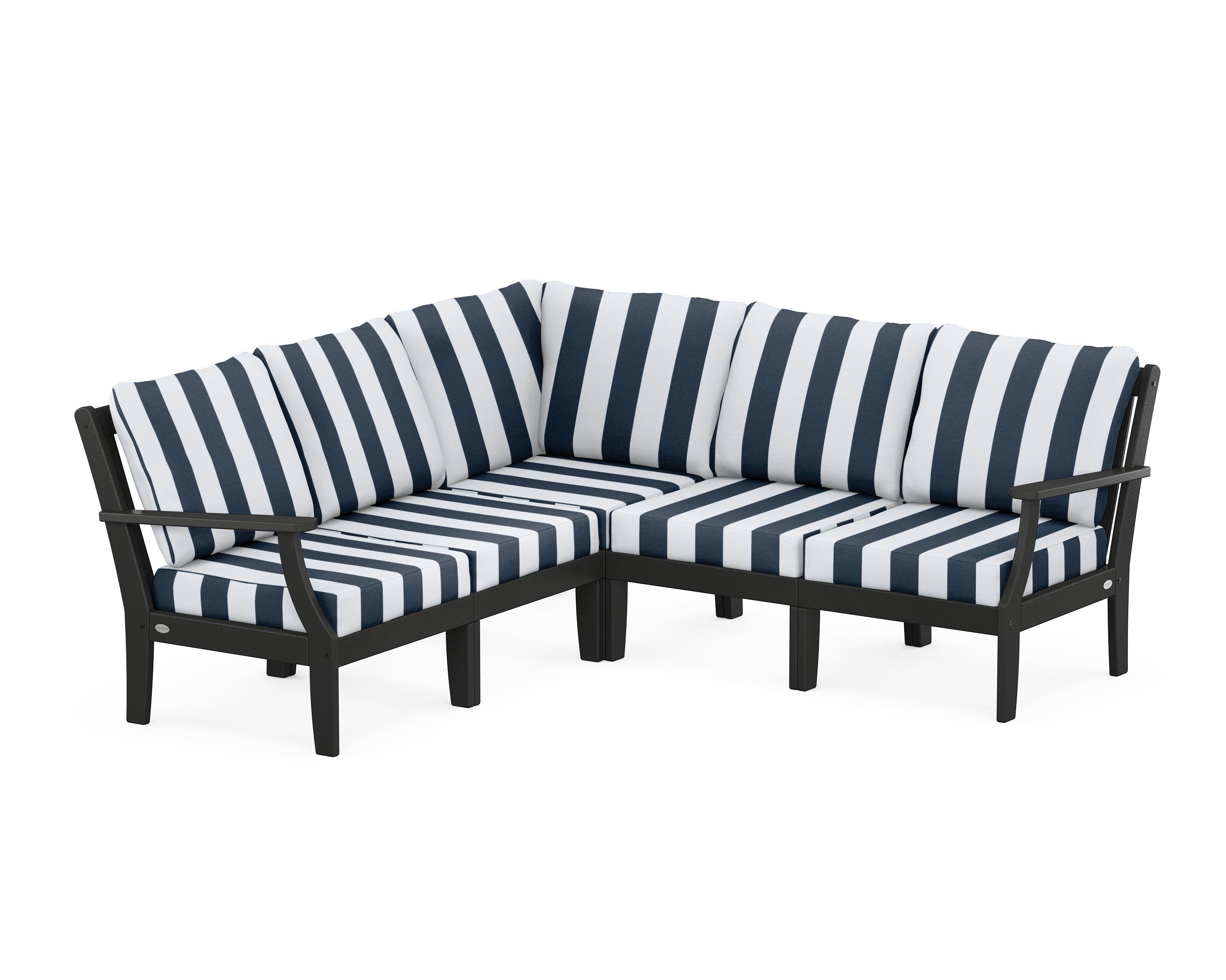 POLYWOOD® Braxton Modular 5-Piece Deep Seating Set in Black / Cabana Stripe Marine Indigo