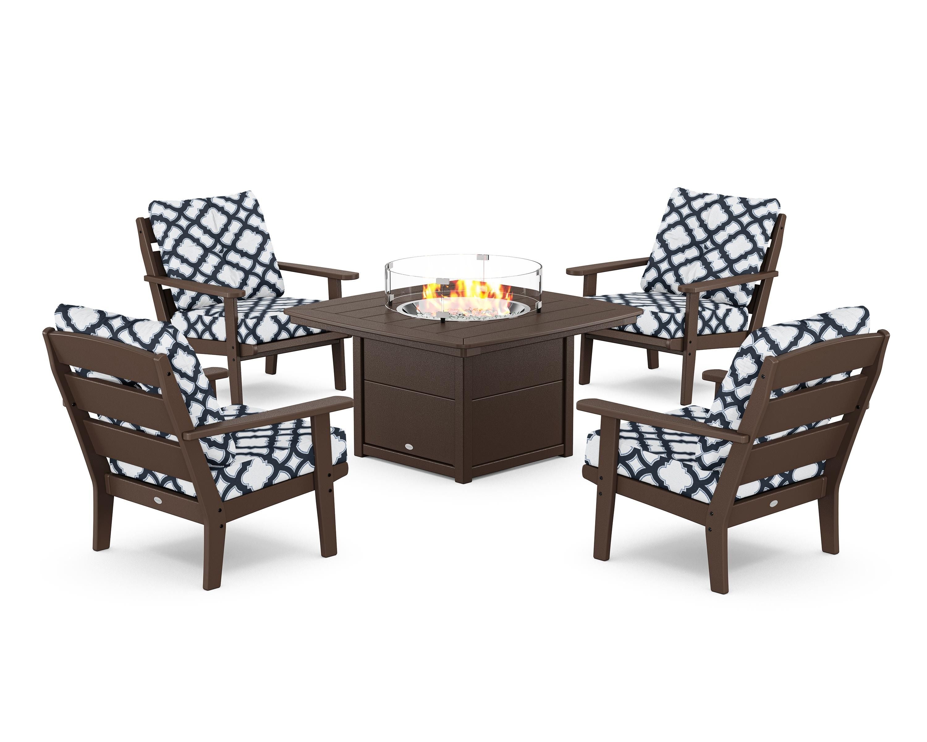 POLYWOOD® Lakeside 5-Piece Deep Seating Set with Nautical Fire Pit Table in Mahogany / Trellis Marine Indigo
