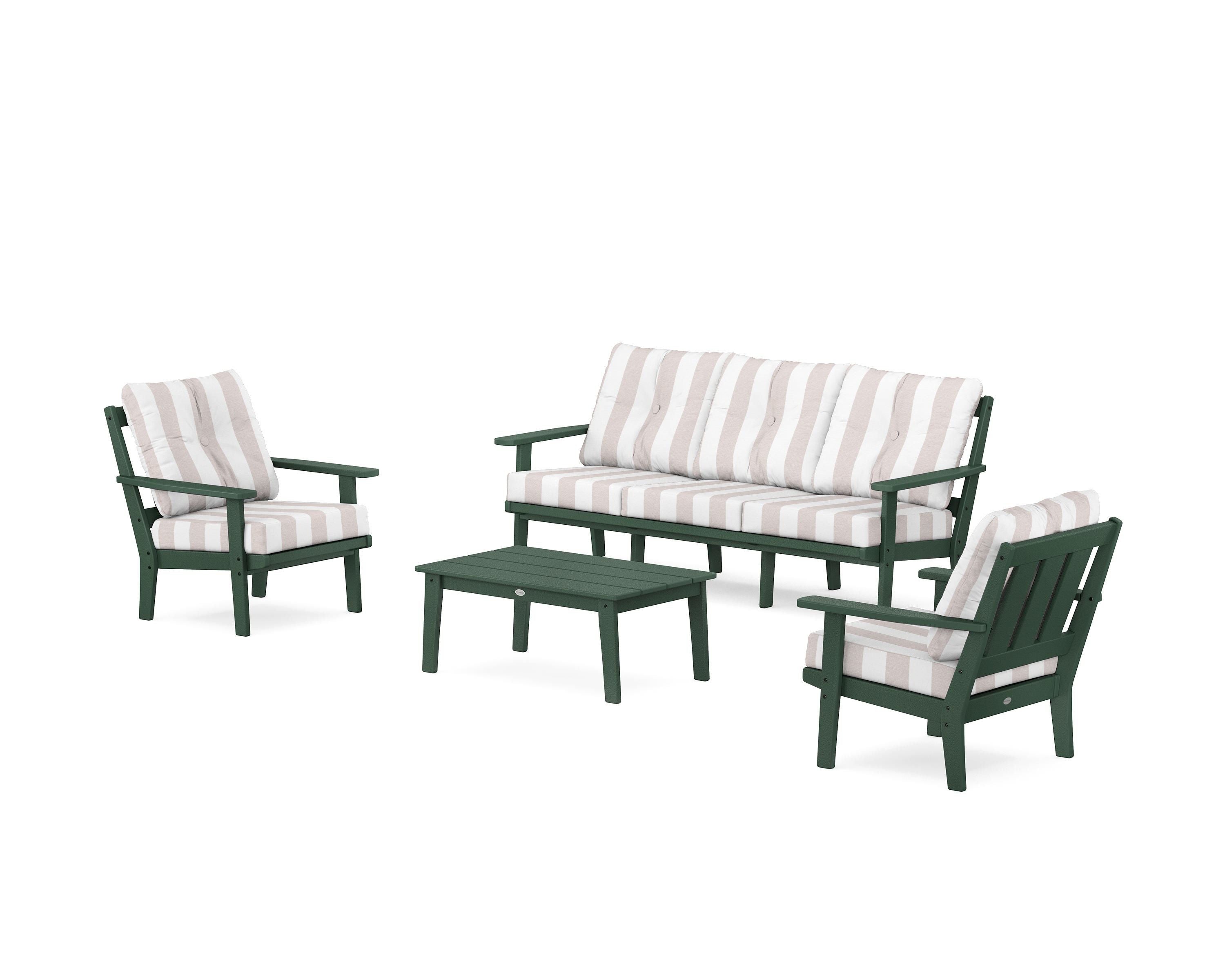 POLYWOOD® Oxford 4-Piece Deep Seating Set with Sofa in Green / Cabana Stripe Dune Burlap